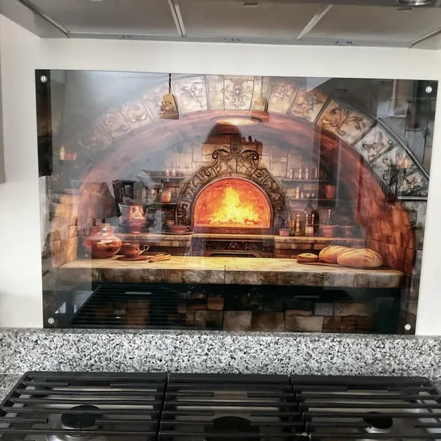 Tuscan stone oven glass backsplash installed behind a range