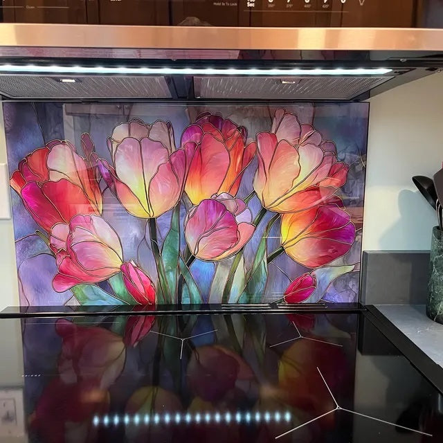 Stained glass tulip glass backsplash installed behind a kitchen stove