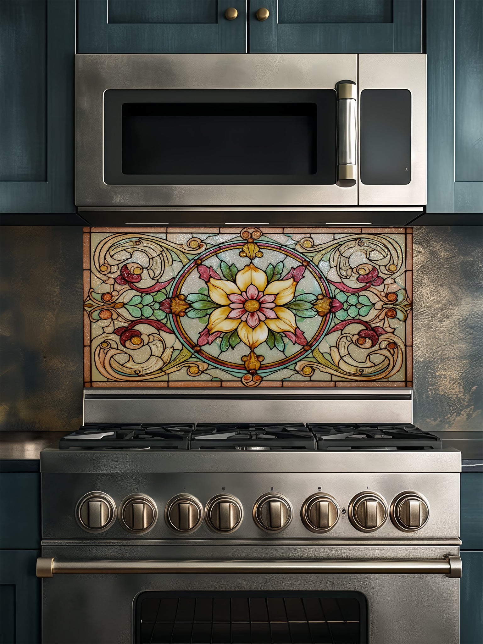 A classic kitchen featuring a tempered glass backsplash with a vintage Art Nouveau floral stained glass design in warm amber and pink colors, installed behind a modern stainless steel stove.