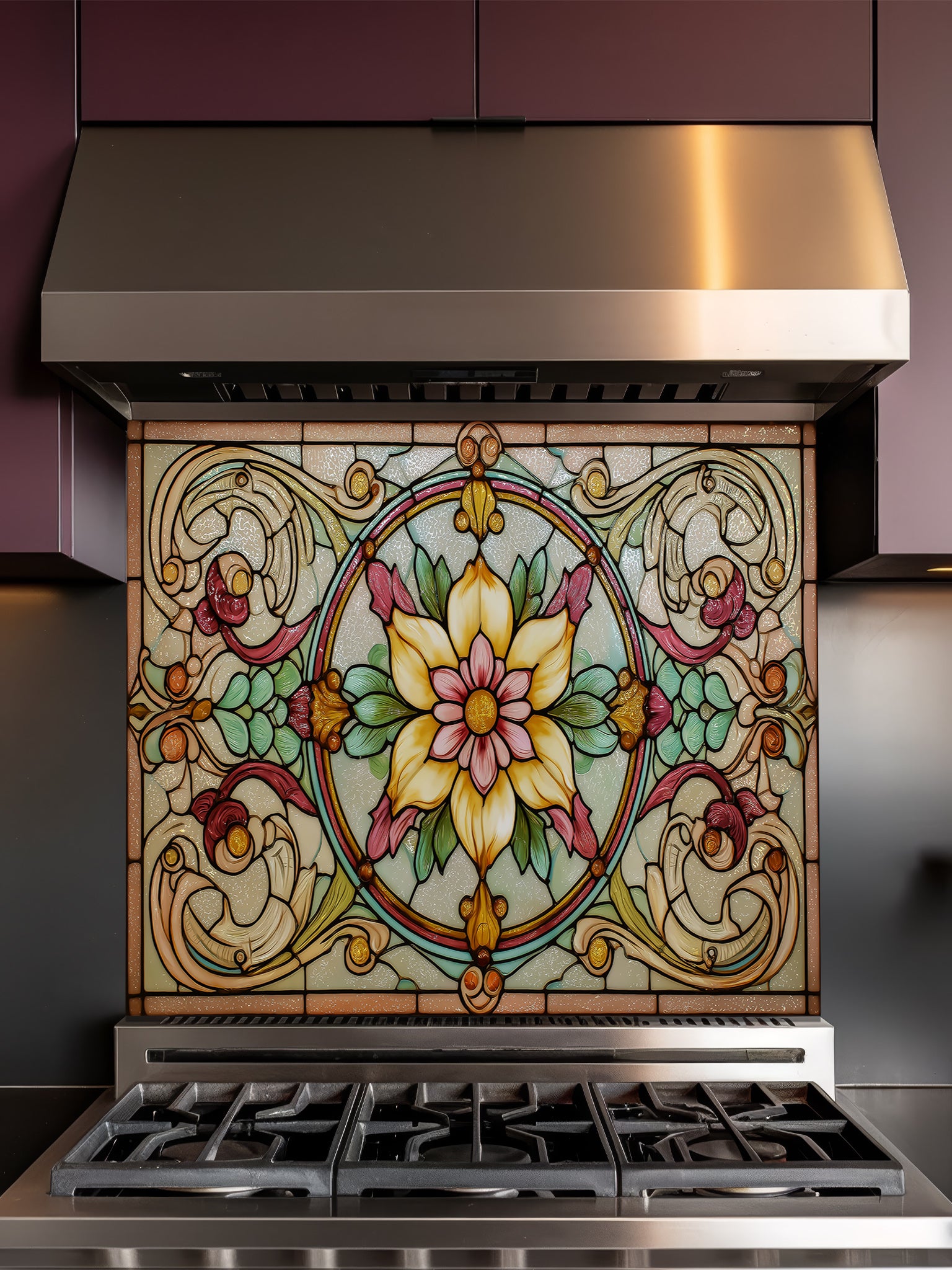 A classic kitchen featuring a tempered glass backsplash with a vintage Art Nouveau floral stained glass design in warm amber and pink colors, installed behind a modern stainless steel stove.