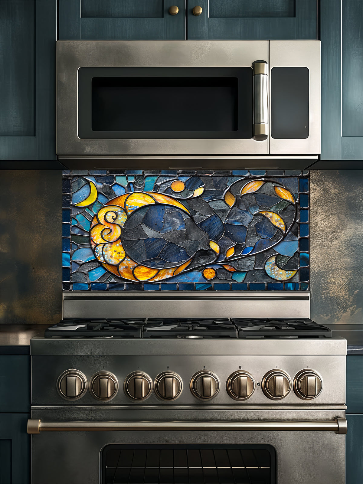 Tempered glass kitchen backsplash featuring a highly realistic 3D illusion of an abstract mosaic moon glowing in amber and gold against a swirling midnight blue and charcoal background, installed behind a modern black stove.