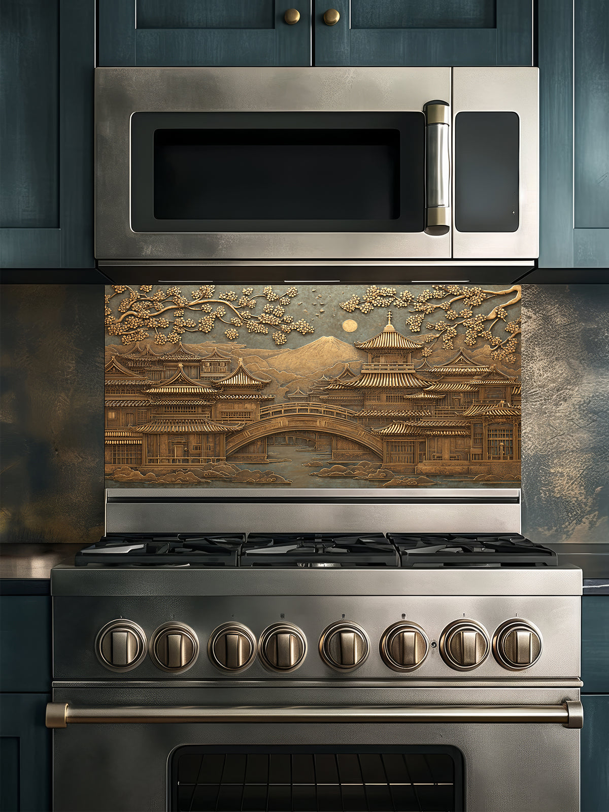 Tempered glass kitchen backsplash featuring a highly realistic 3D faux metal relief of a serene Japanese landscape with a traditional pagoda, bridge, cherry blossom trees, and a distant mountain in antique bronze tones, installed behind a modern stainless steel stove.
