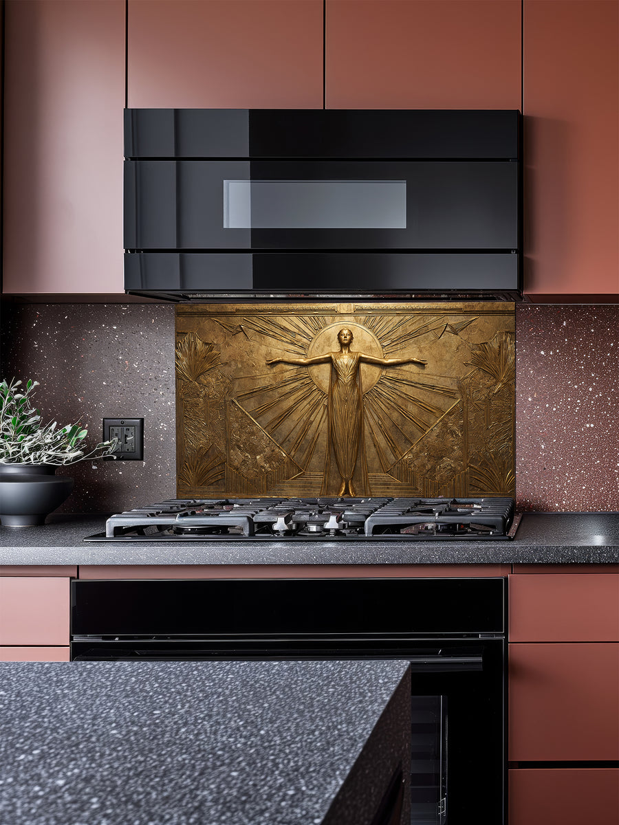Tempered glass kitchen backsplash featuring a highly realistic 3D faux gold metal relief of a vintage Art Deco woman framed by elegant sunburst rays, installed behind a modern stainless steel stove.