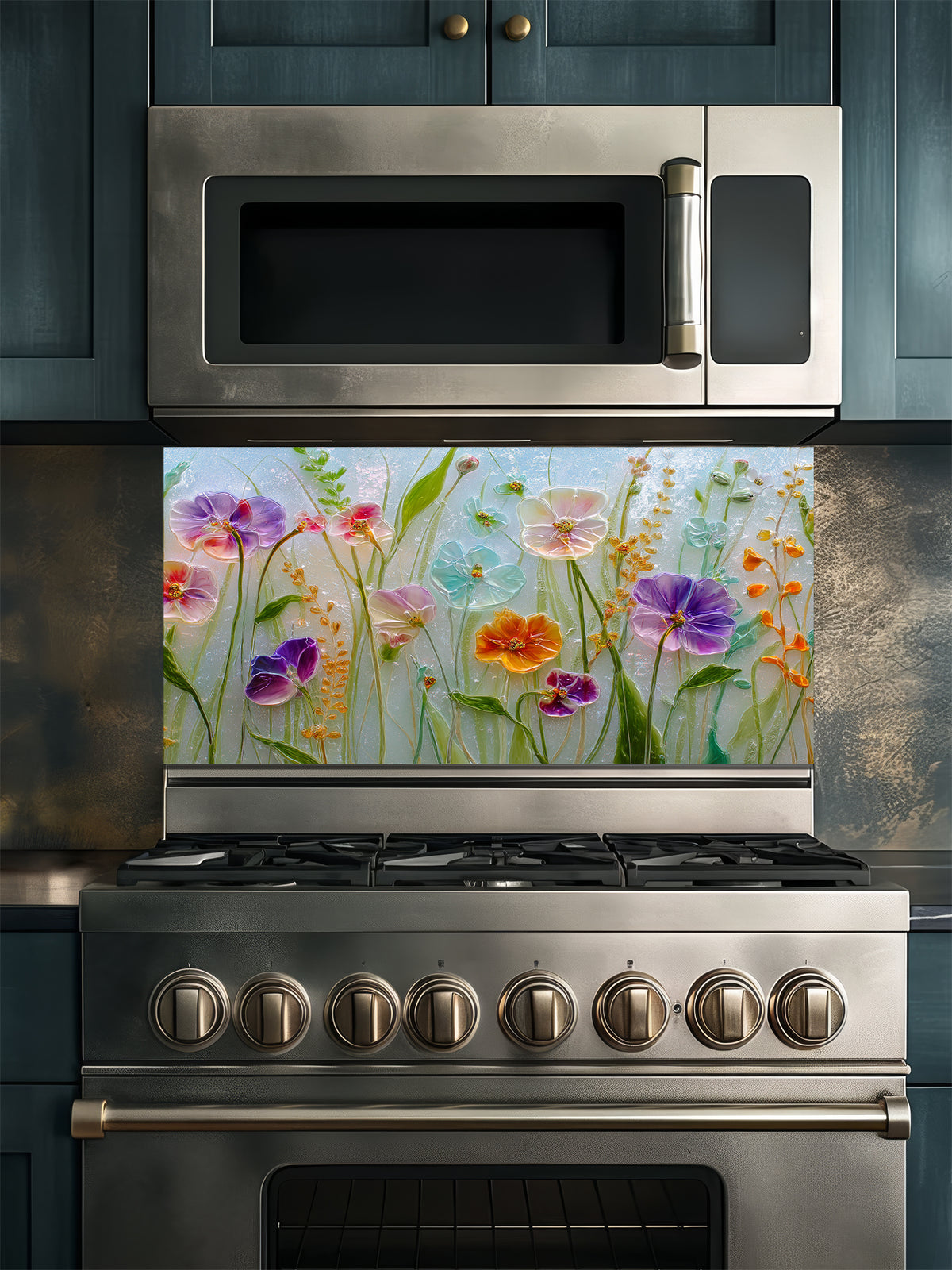 Faux 3D effect glossy glass art wildflowers including pansies in vibrant purple, pink, yellow, and blue, UV printed on a smooth tempered glass kitchen backsplash.