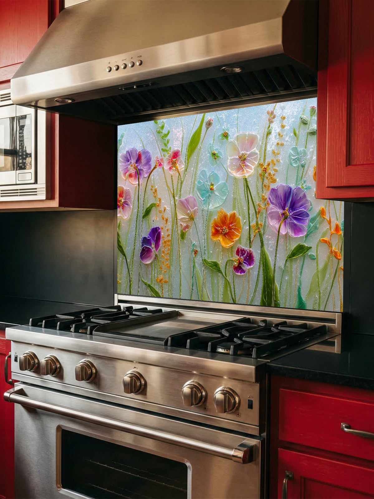 Faux 3D effect glossy glass art wildflowers including pansies in vibrant purple, pink, yellow, and blue, UV printed on a smooth tempered glass kitchen backsplash.