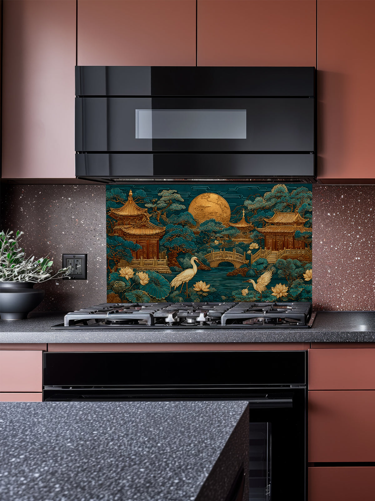 Faux 3D sculpted relief of an Asian landscape featuring golden pagodas, cranes, and a full moon against a deep teal background, UV printed on a smooth tempered glass kitchen backsplash.