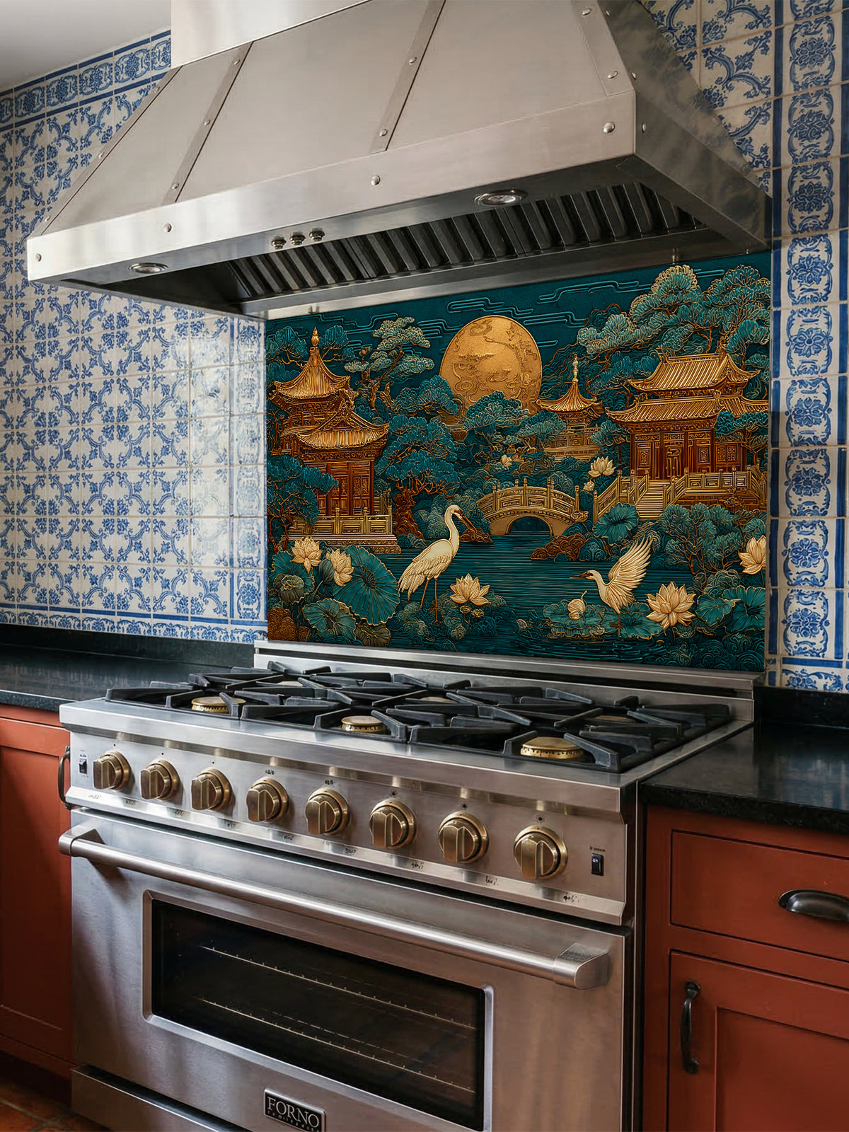 Faux 3D sculpted relief of an Asian landscape featuring golden pagodas, cranes, and a full moon against a deep teal background, UV printed on a smooth tempered glass kitchen backsplash.