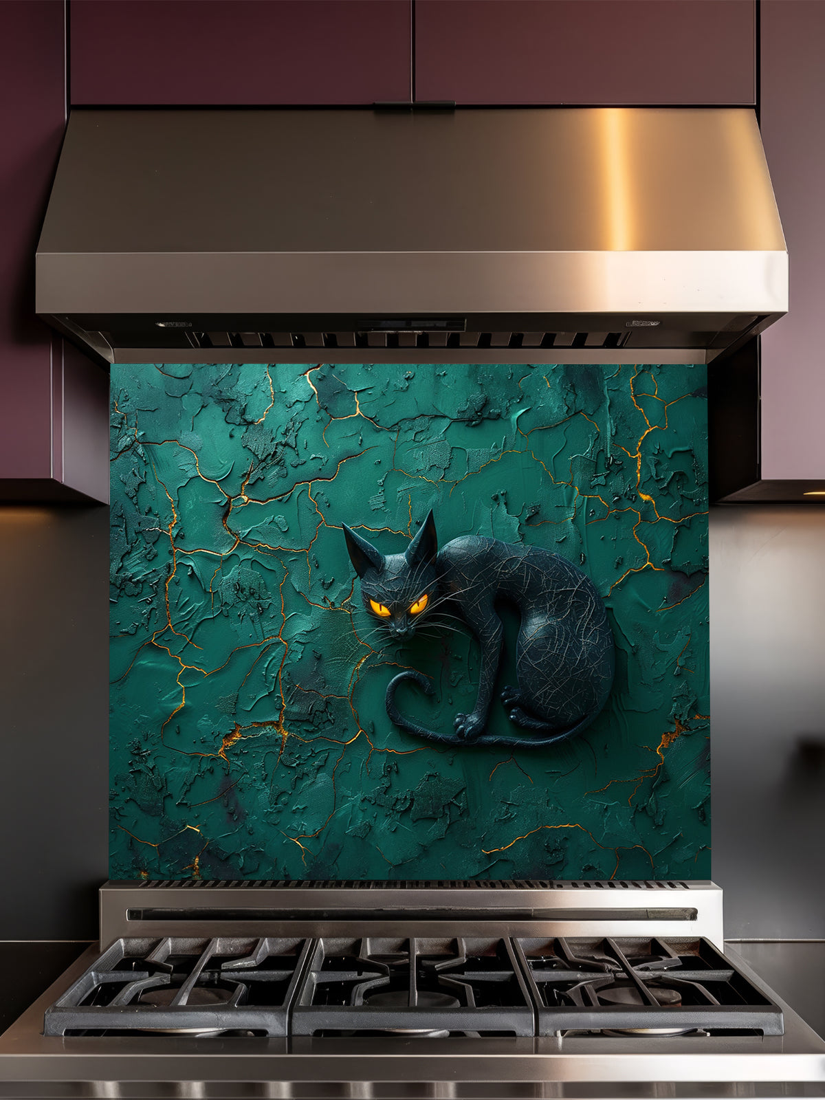 Tempered glass kitchen backsplash featuring a highly realistic 3D illusion of a sleek sculpted black cat with glowing orange eyes resting against a heavily textured emerald green plaster wall with golden kintsugi cracks, installed behind a modern black stove.