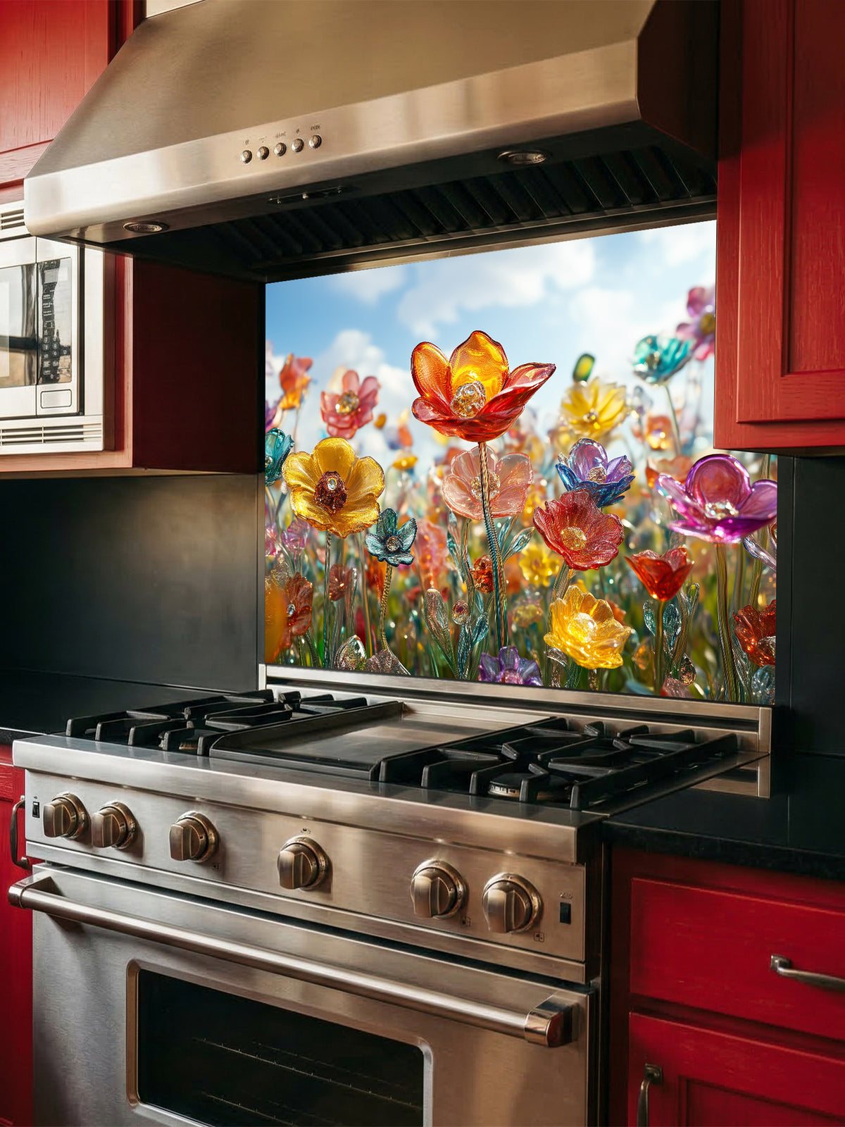 Tempered glass kitchen backsplash featuring a highly realistic 3D illusion of delicate blown glass wildflowers in vibrant translucent jewel tones against a bright blue sky, installed behind a modern stainless steel stove.