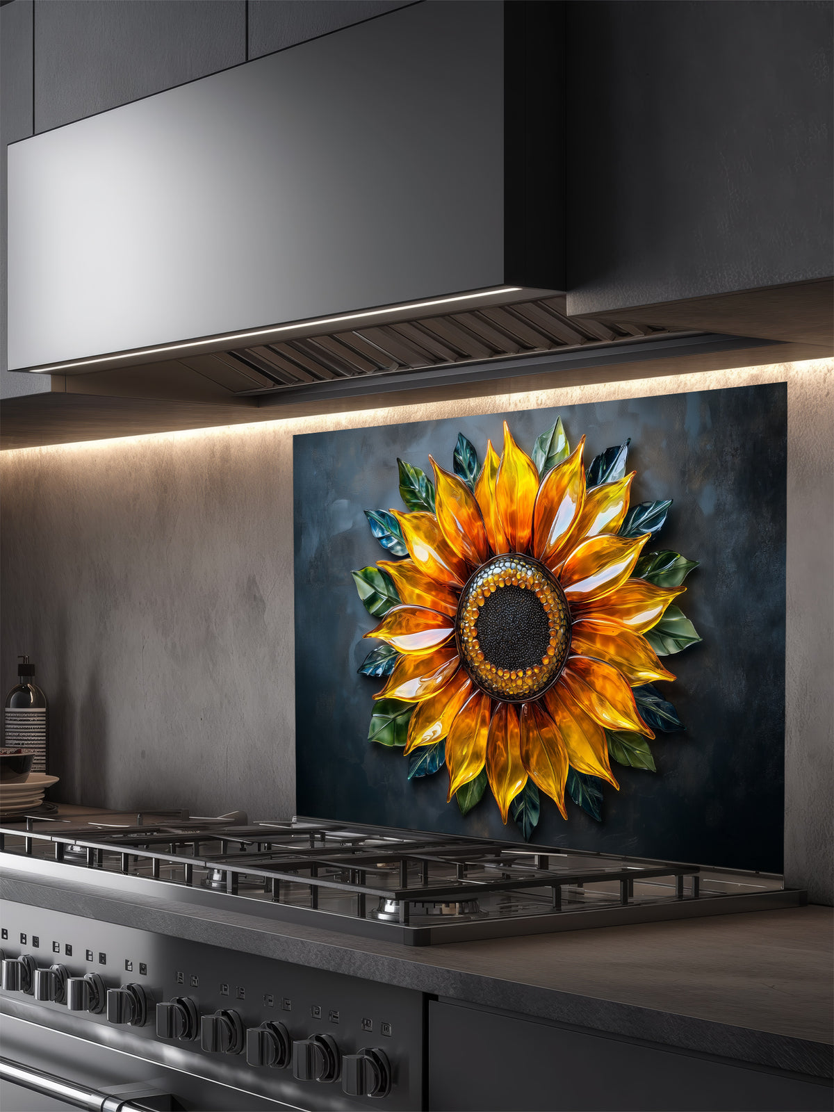 Tempered glass kitchen backsplash featuring a highly realistic 3D illusion of a glowing, translucent blown glass golden sunflower with green leaves against a dramatic dark charcoal background, installed behind a modern stainless steel stove.