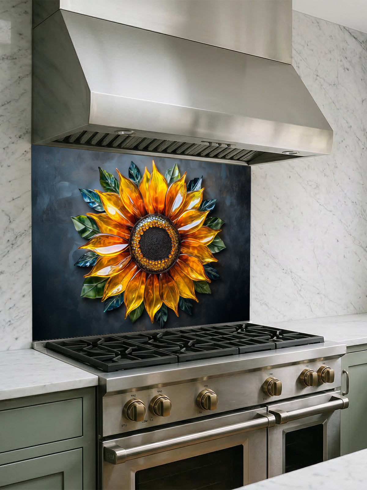 Tempered glass kitchen backsplash featuring a highly realistic 3D illusion of a glowing, translucent blown glass golden sunflower with green leaves against a dramatic dark charcoal background, installed behind a modern stainless steel stove.
