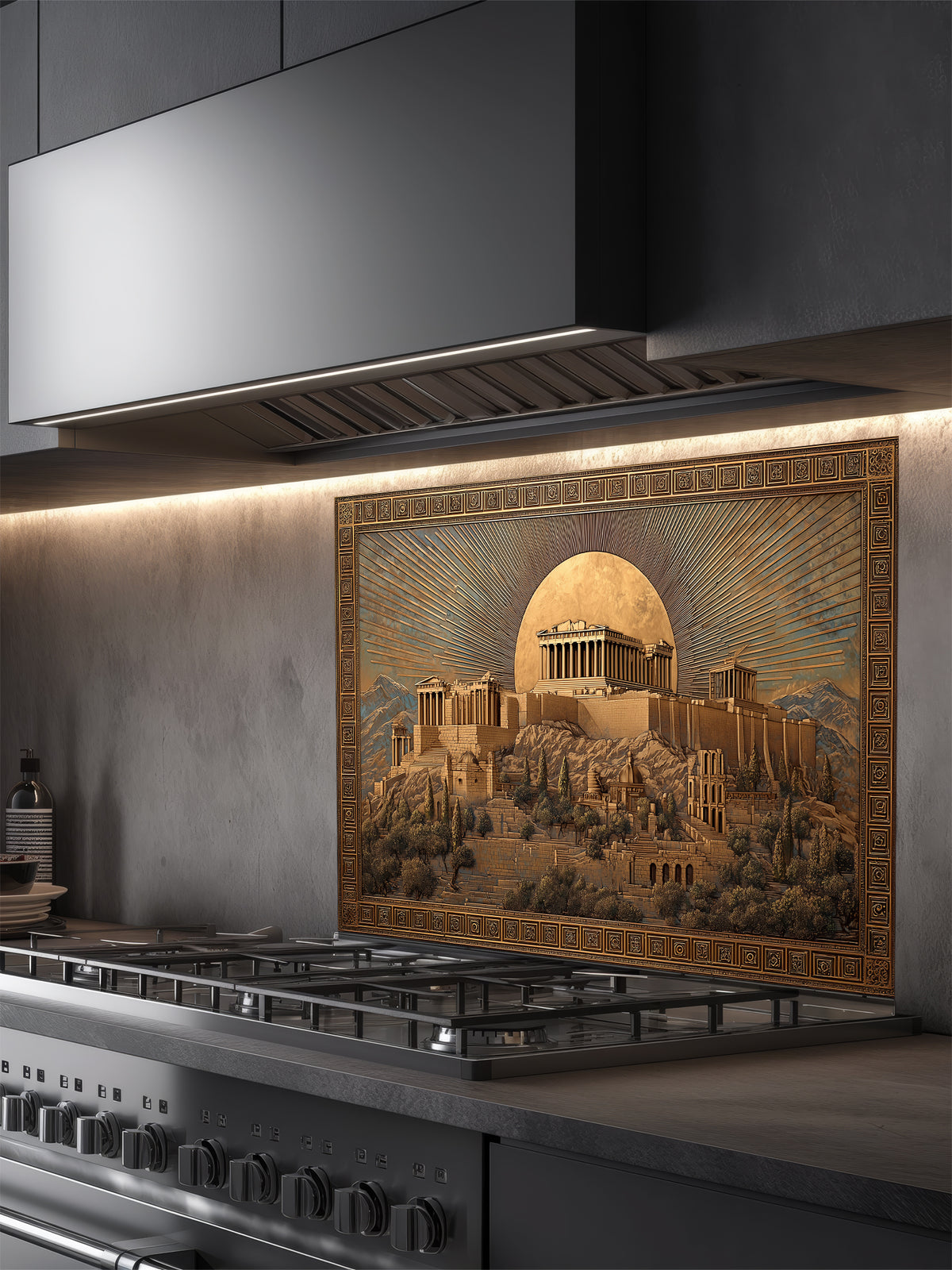 Faux 3D sculpted gold and bronze relief of the Ancient Greek Acropolis and Parthenon under a glowing moon, framed by a Greek key border, UV printed on a smooth tempered glass kitchen backsplash.