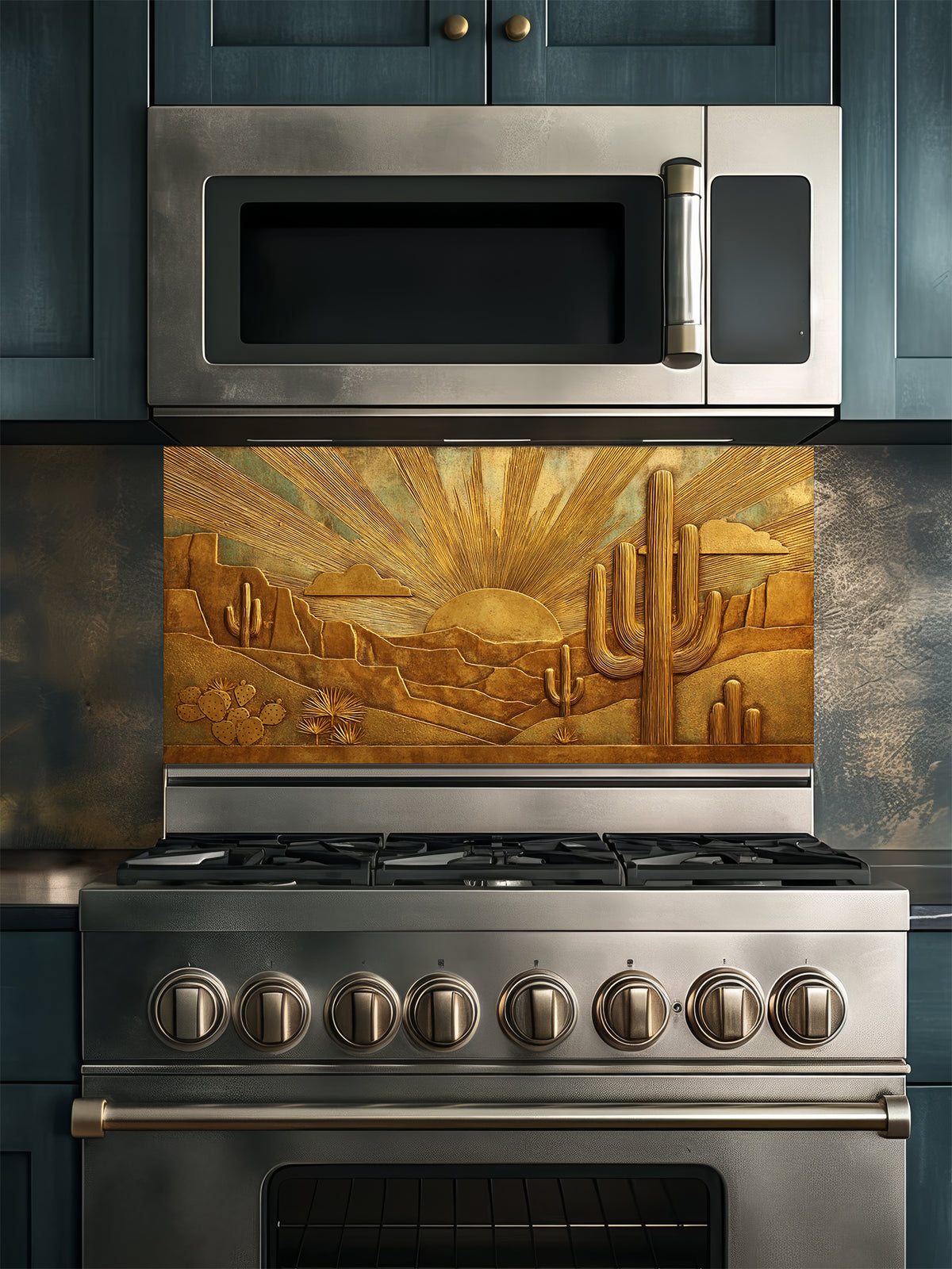 Faux 3D sculpted bronze and brass relief of a desert landscape with saguaro cacti and a radiant sunburst, UV printed on a smooth tempered glass kitchen backsplash.