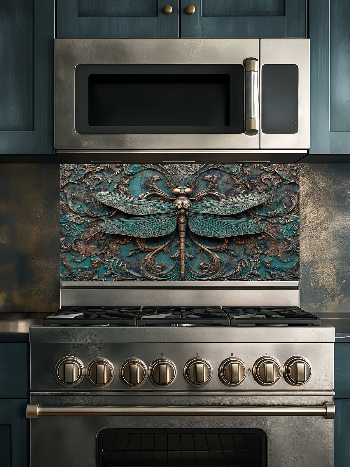 Tempered glass kitchen backsplash featuring a highly realistic 3D faux metal relief design of a detailed dragonfly and ornate antique bronze baroque scrollwork over a textured oxidized teal background, installed behind a modern stainless steel stove.
