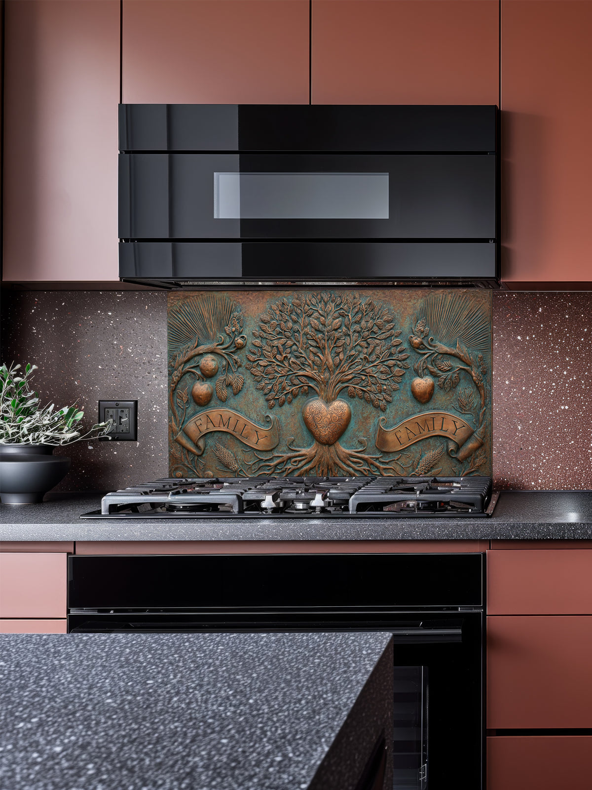 Faux 3D sculpted bronze and copper relief of a family tree of life with a heart and banners reading 'FAMILY' against an oxidized patina background, UV printed on a smooth tempered glass kitchen backsplash.
