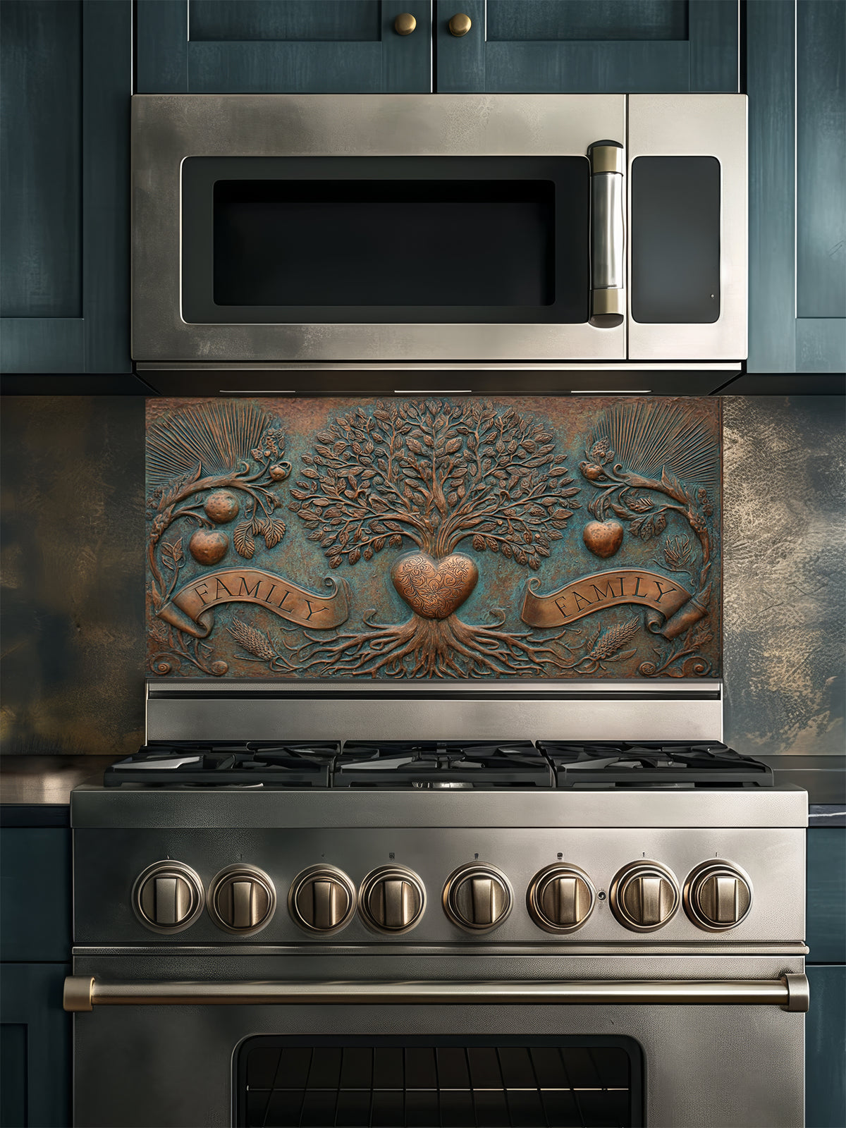 Faux 3D sculpted bronze and copper relief of a family tree of life with a heart and banners reading 'FAMILY' against an oxidized patina background, UV printed on a smooth tempered glass kitchen backsplash.