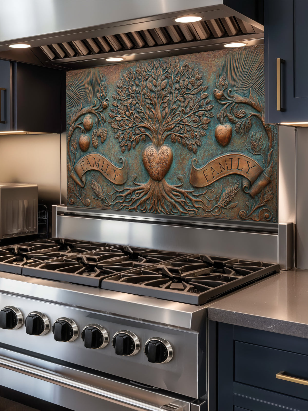 Faux 3D sculpted bronze and copper relief of a family tree of life with a heart and banners reading 'FAMILY' against an oxidized patina background, UV printed on a smooth tempered glass kitchen backsplash.