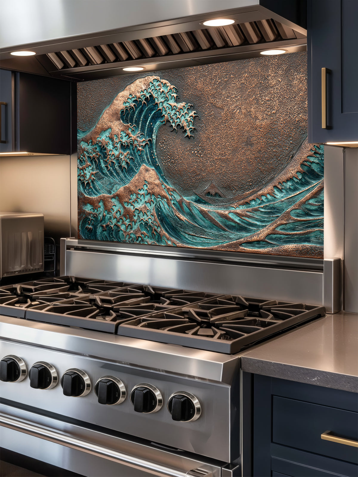 Faux 3D sculpted oxidized copper and bronze relief of the Great Wave off Kanagawa, featuring rich teal patina, UV printed on a smooth tempered glass kitchen backsplash.