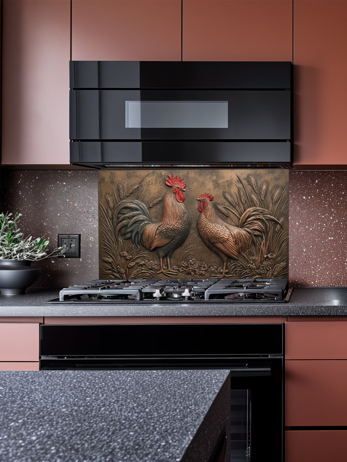 Faux 3D effect weathered bronze and copper relief of two roosters among wheat, UV printed on a smooth tempered glass kitchen backsplash, installed behind a modern stove.