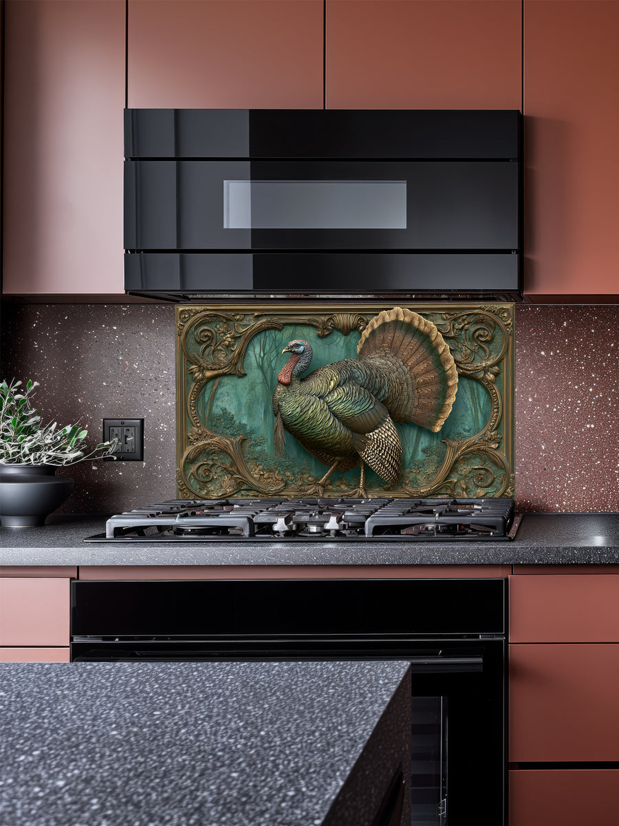 Faux 3D sculpted bronze and brass relief of a majestic turkey framed by baroque scrollwork, UV printed on a smooth tempered glass kitchen backsplash.
