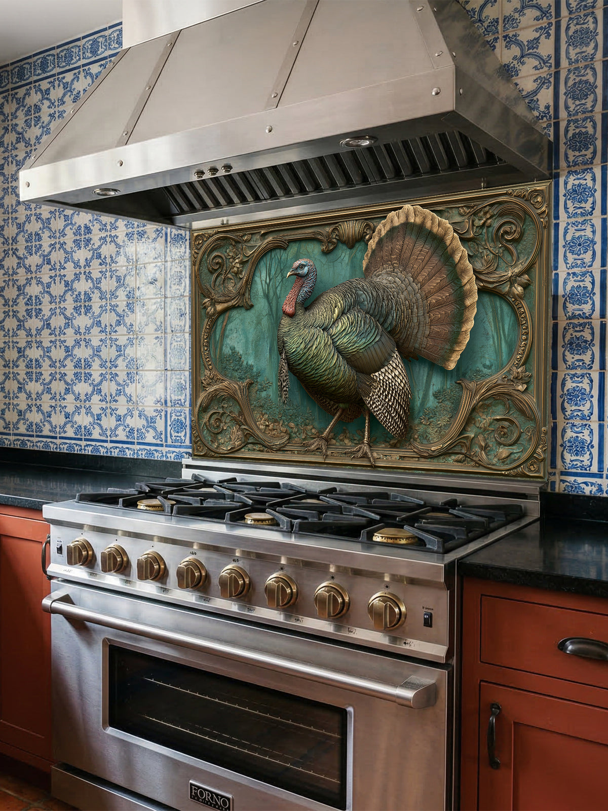 Faux 3D sculpted bronze and brass relief of a majestic turkey framed by baroque scrollwork, UV printed on a smooth tempered glass kitchen backsplash.
