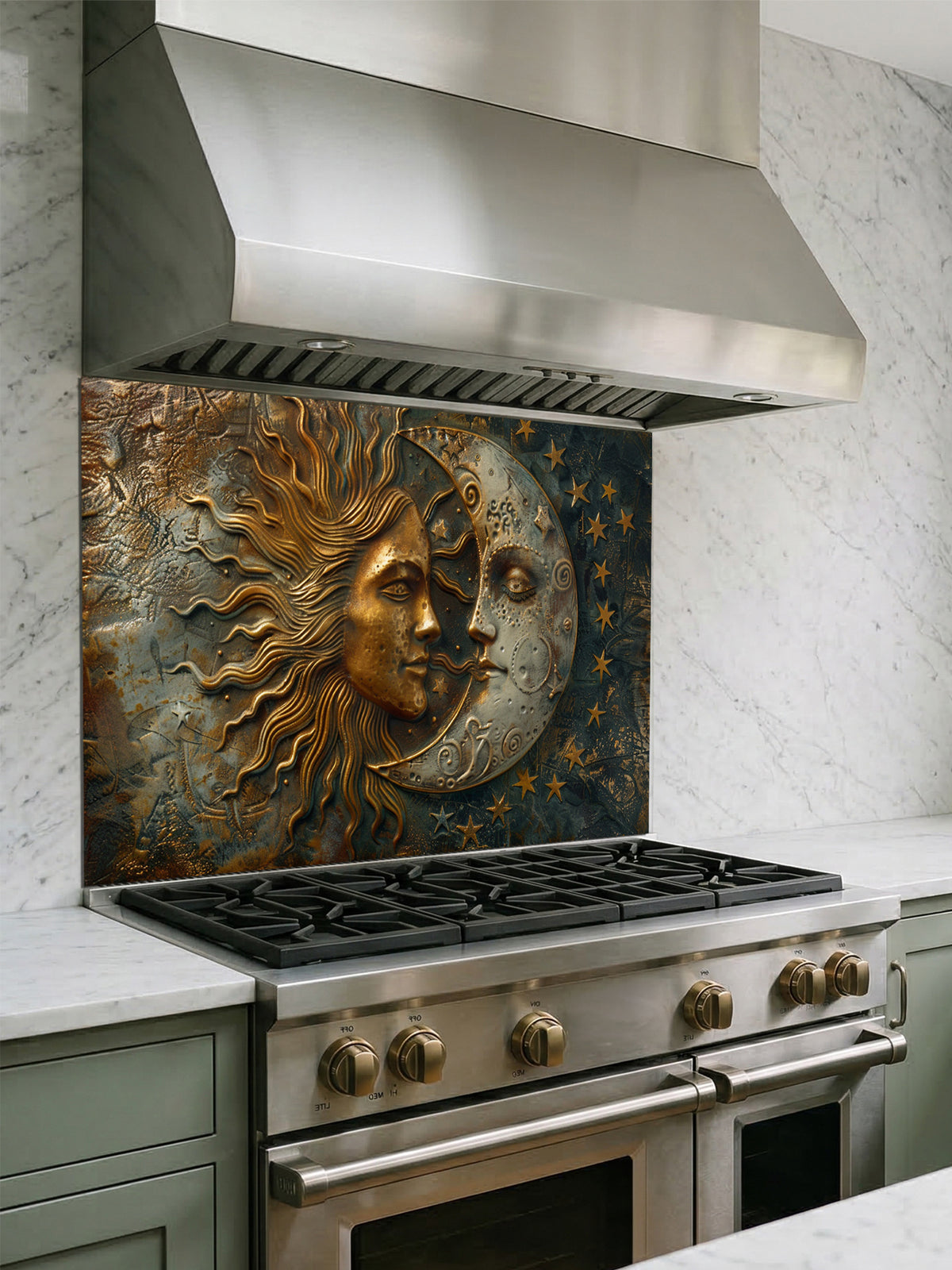Tempered glass kitchen backsplash featuring a highly realistic 3D faux metal design of a celestial sun and moon with stars in antique bronze, gold, and oxidized silver tones, installed behind a modern stainless steel stove.