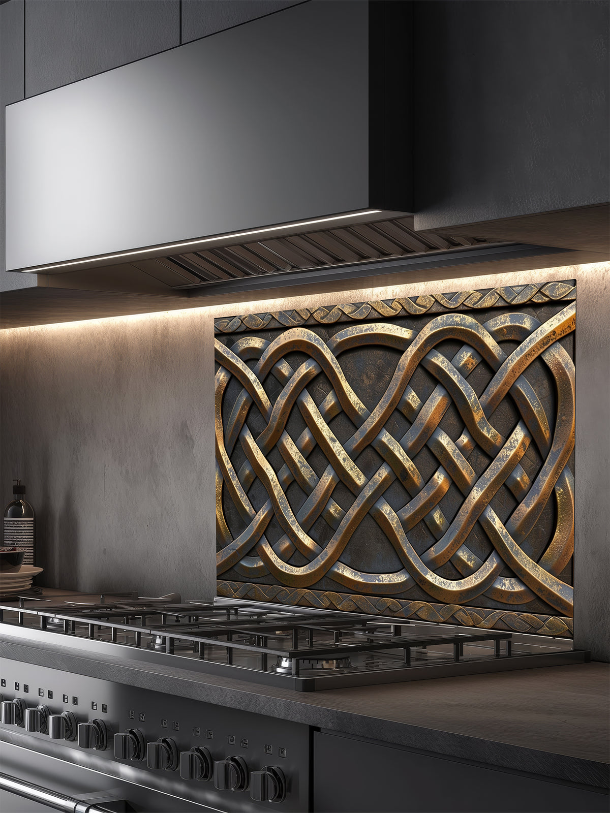 Tempered glass kitchen backsplash featuring a highly realistic 3D faux metal design of intricate interlaced Celtic knots in antique bronze and dark iron tones, installed behind a modern stainless steel stove.