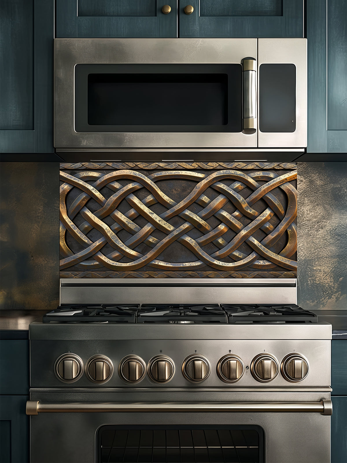 Tempered glass kitchen backsplash featuring a highly realistic 3D faux metal design of intricate interlaced Celtic knots in antique bronze and dark iron tones, installed behind a modern stainless steel stove.
