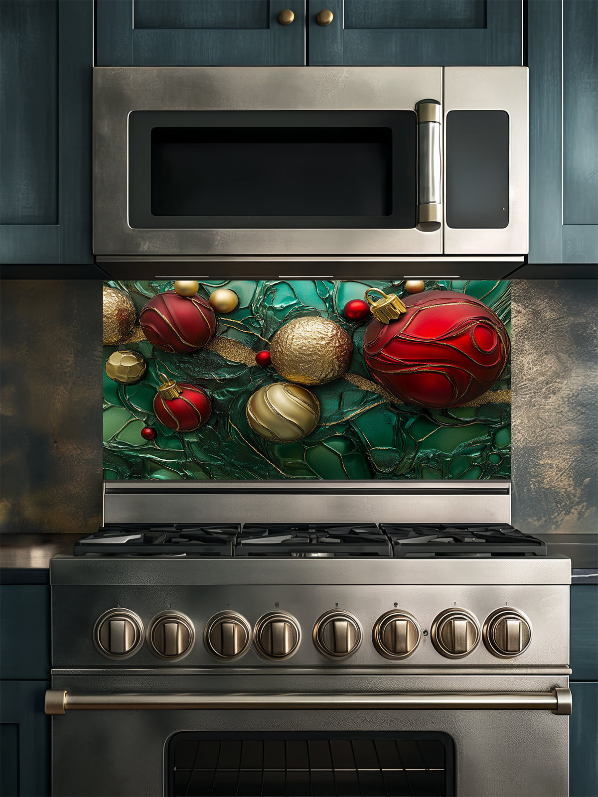 Tempered glass kitchen backsplash featuring a highly realistic 3D illusion of festive red and gold Christmas ornaments and ribbons floating against a deep emerald green marble and fluid art background with golden veins, installed behind a modern stainless steel stove.