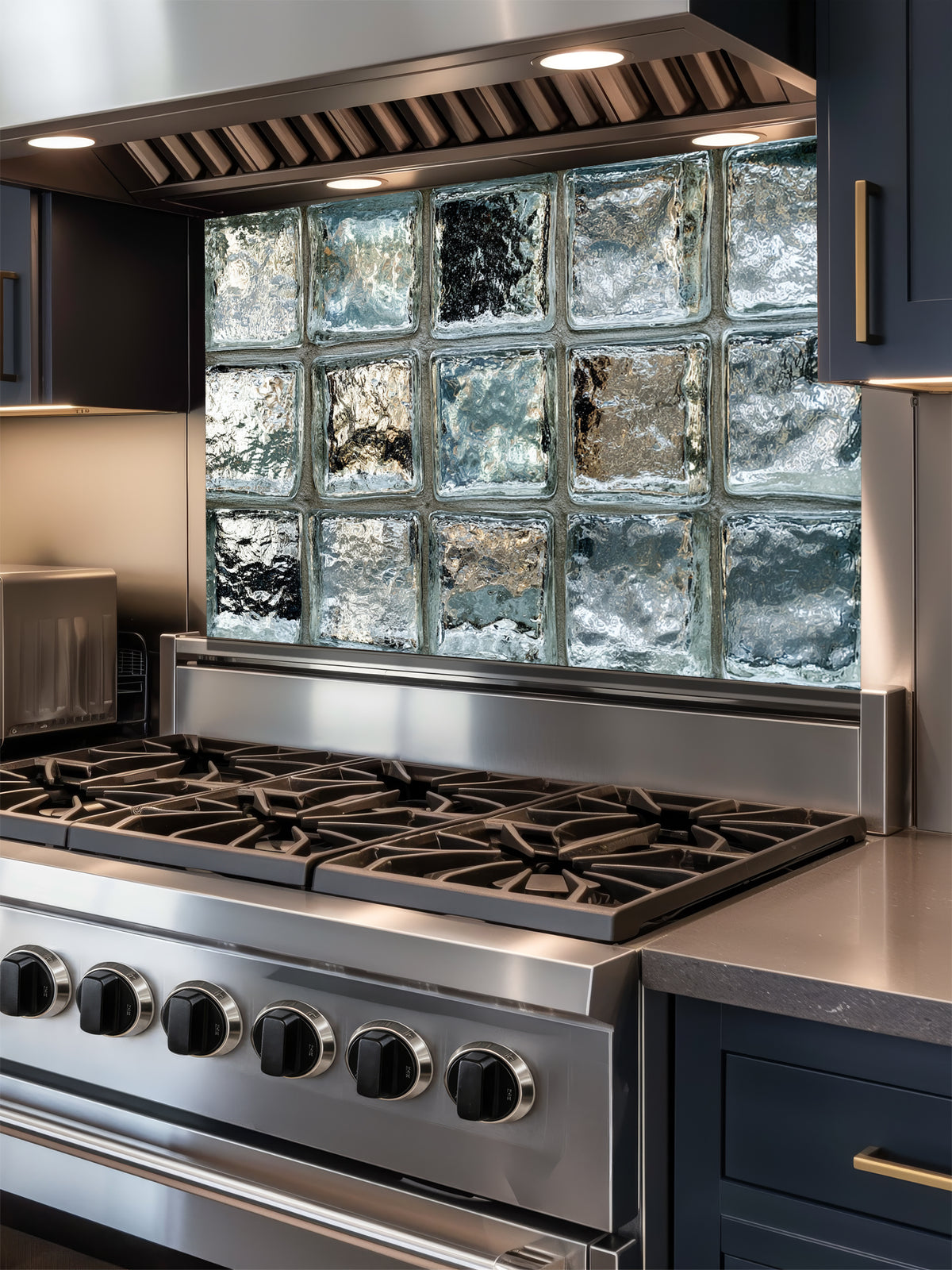 Tempered glass kitchen backsplash featuring a highly realistic 3D illusion of classic architectural clear glass blocks with authentic wavy, ice-like textures and sleek silver-grey reflections, installed behind a modern black stove.