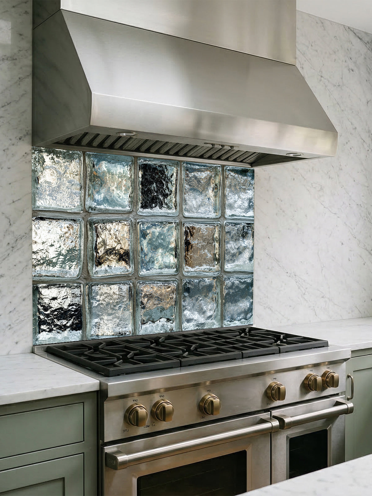 Tempered glass kitchen backsplash featuring a highly realistic 3D illusion of classic architectural clear glass blocks with authentic wavy, ice-like textures and sleek silver-grey reflections, installed behind a modern black stove.
