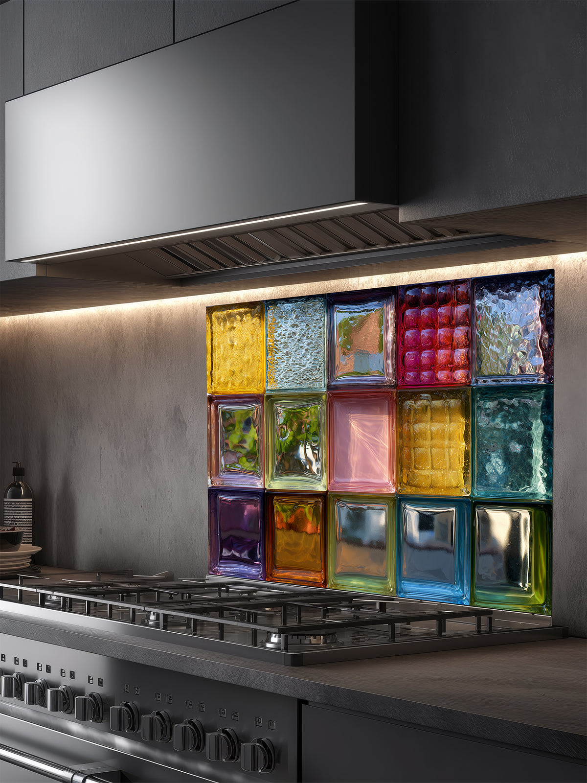 Tempered glass kitchen backsplash featuring a highly realistic 3D illusion of colorful, textured retro glass blocks in vibrant shades of blue, pink, amber, and green, installed behind a modern stainless steel stove.