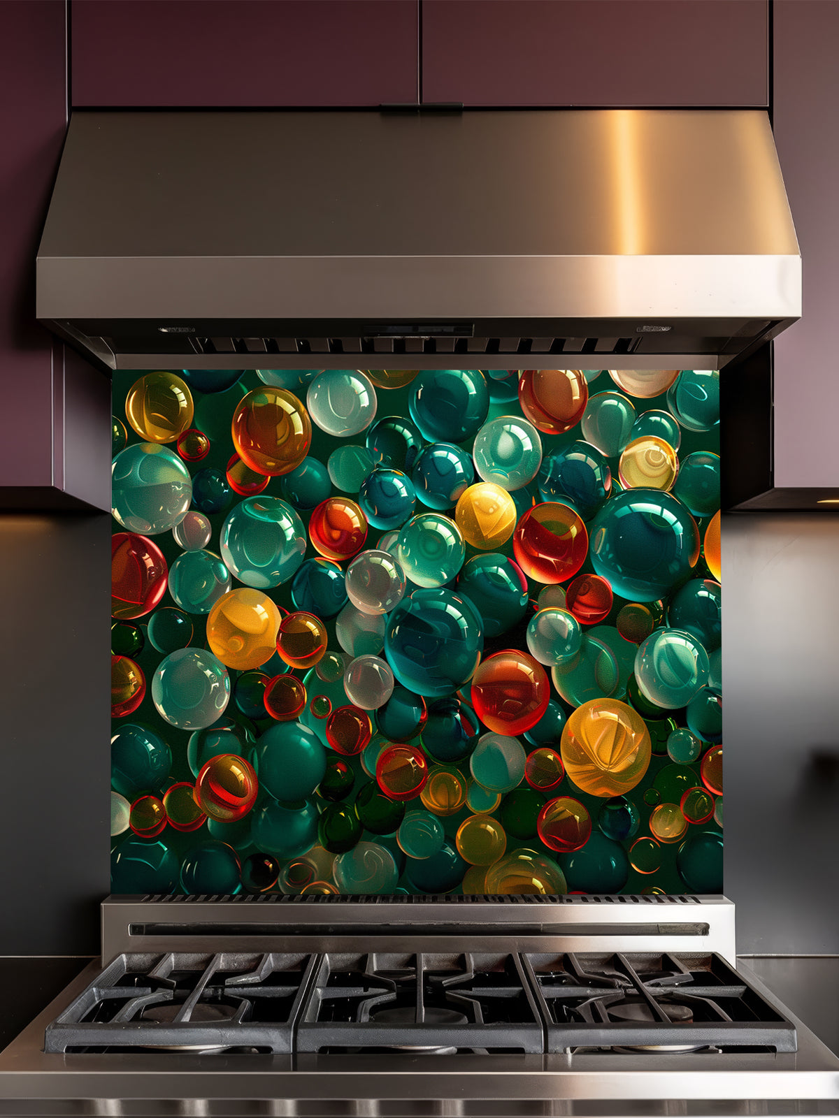 Faux 3D effect colorful translucent glass orbs and bubbles in jewel tones, UV printed on a smooth tempered glass kitchen backsplash, installed behind a modern stove.