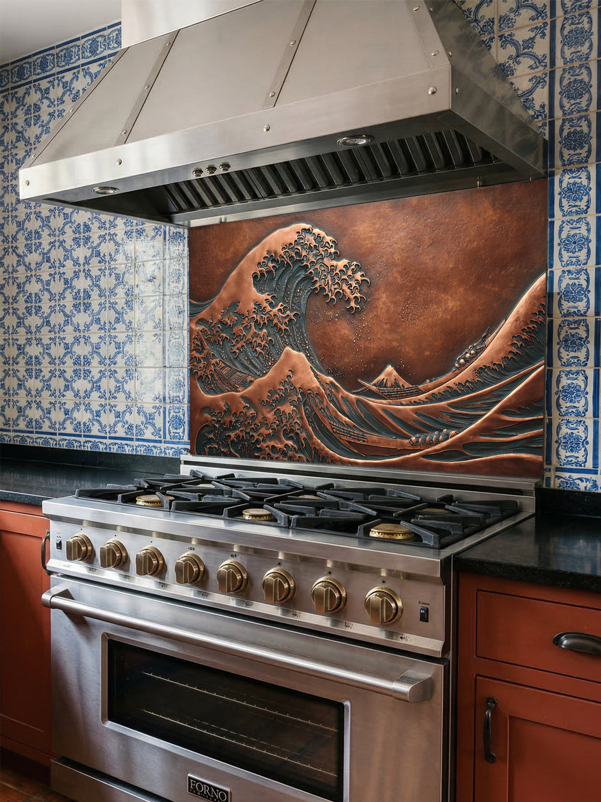 Tempered glass kitchen backsplash featuring a highly realistic 3D faux copper metal relief design of the iconic Great Wave off Kanagawa and Mount Fuji, installed behind a modern stainless steel stove.