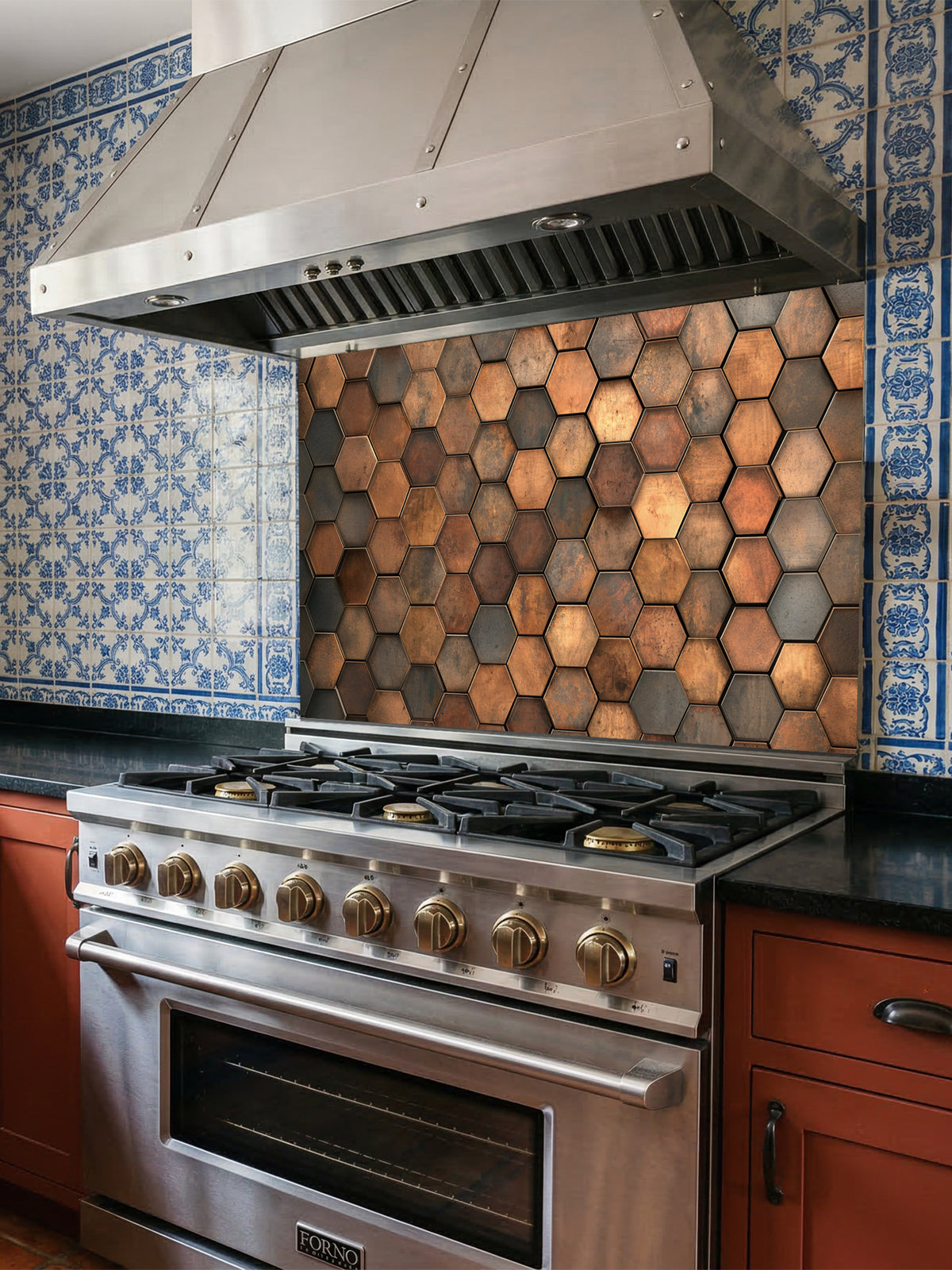 Faux 3D industrial metal hexagon honeycomb tile pattern in rustic copper and bronze tones, UV printed on a smooth tempered glass kitchen backsplash.