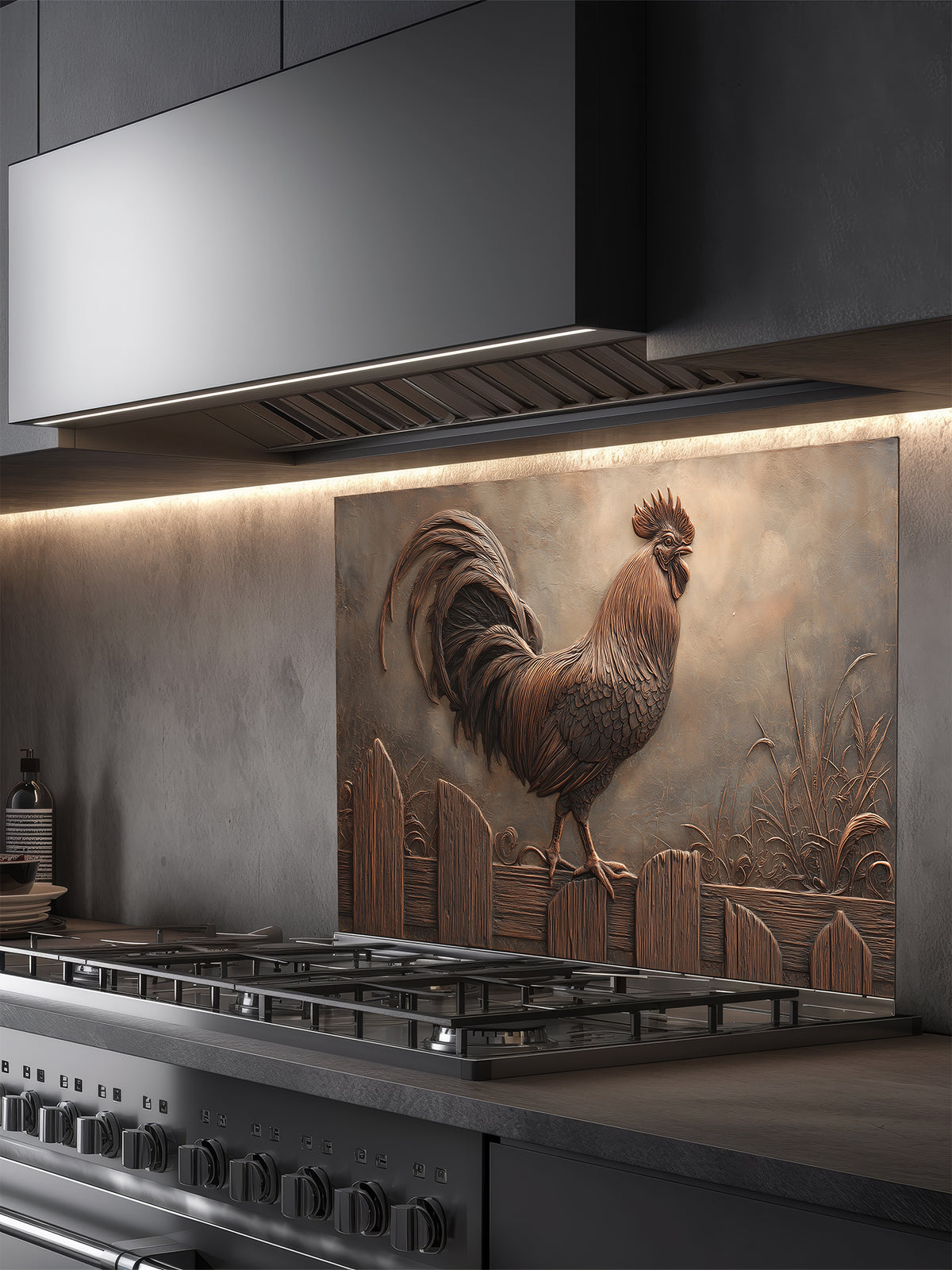 Tempered glass kitchen backsplash featuring a highly realistic 3D faux copper metal relief design of a rustic rooster standing on a fence, installed behind a modern stainless steel stove.