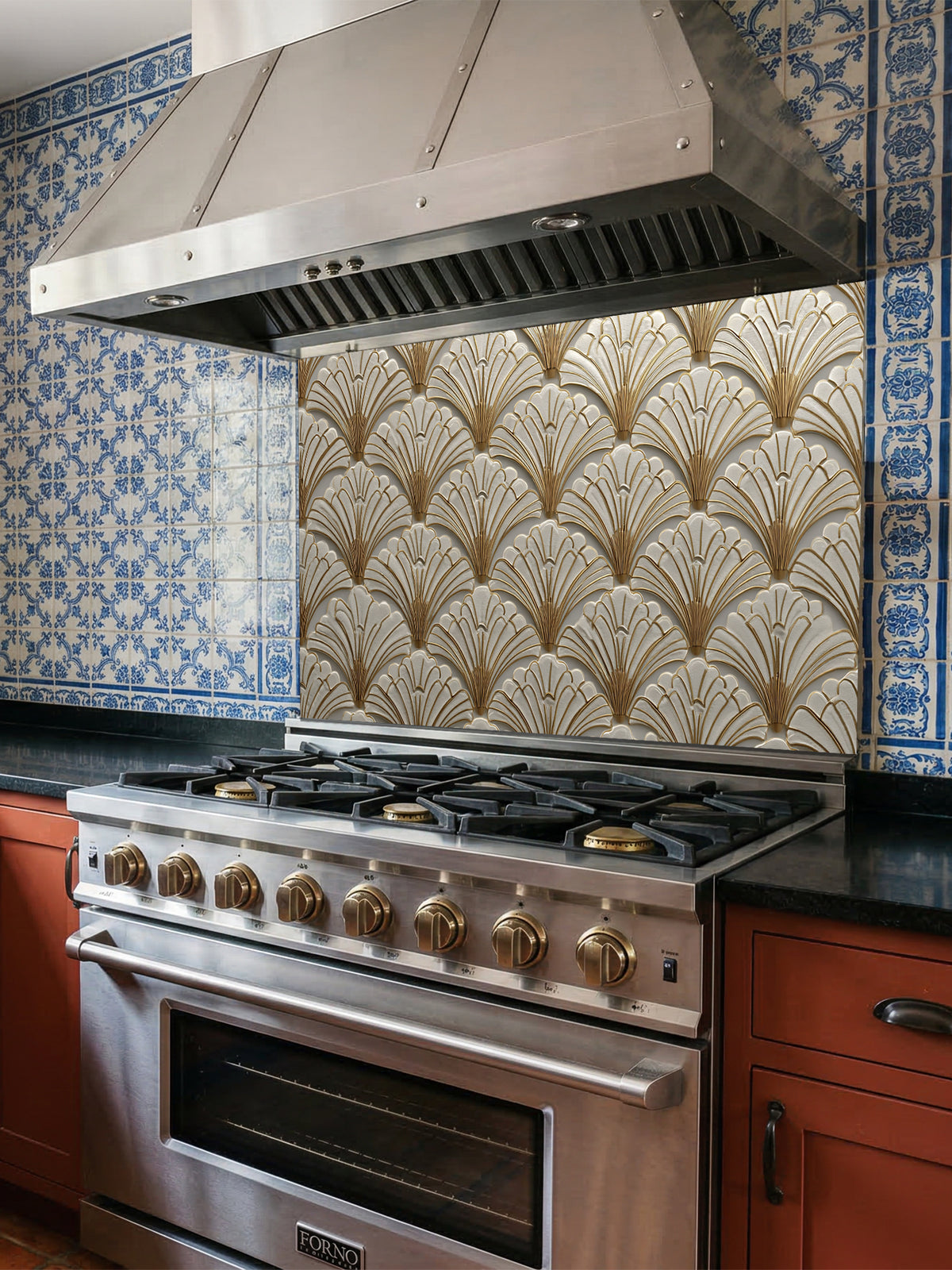 Tempered glass kitchen backsplash featuring a highly realistic 3D illusion of an Art Deco scalloped fan pattern in creamy ivory with elegant faux gold metallic outlines, installed behind a modern black stove.
