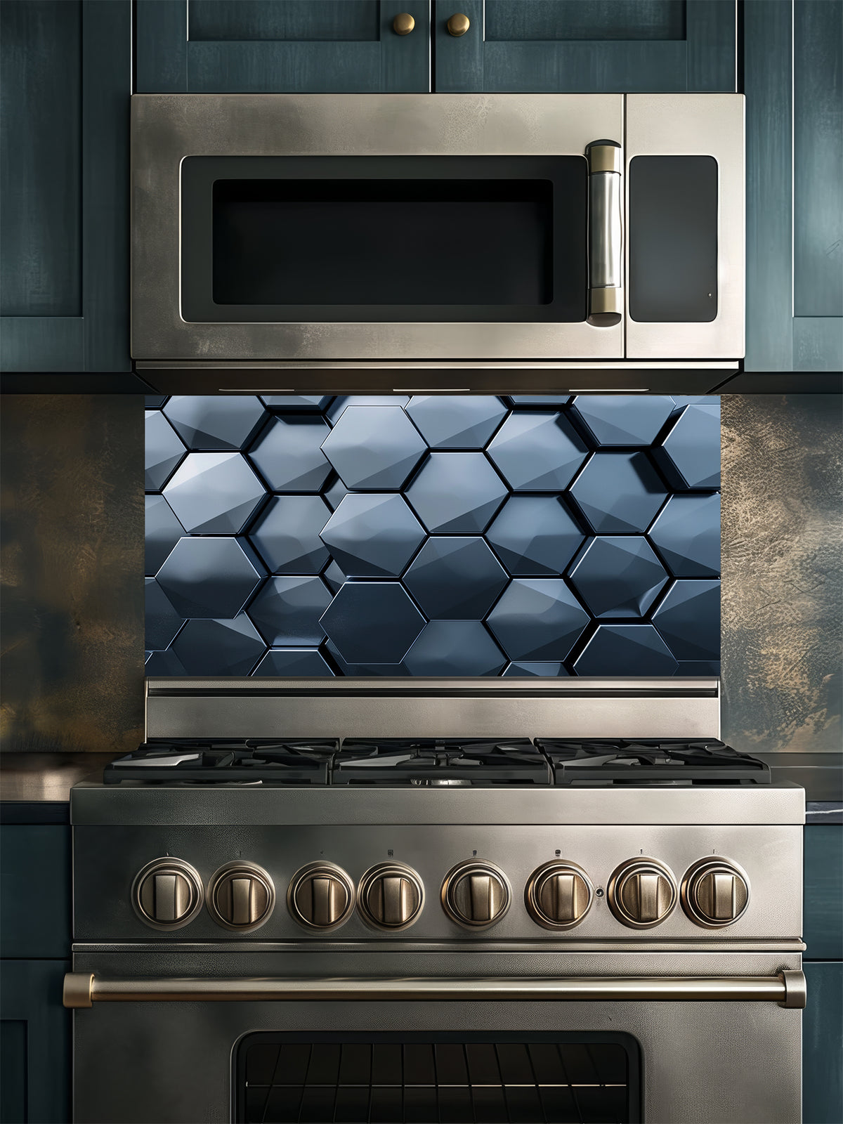 Tempered glass kitchen backsplash featuring a highly realistic 3D illusion of dark slate blue and charcoal metallic hexagon tiles in a sleek honeycomb pattern with dramatic shadow effects, installed behind a modern stainless steel stove.