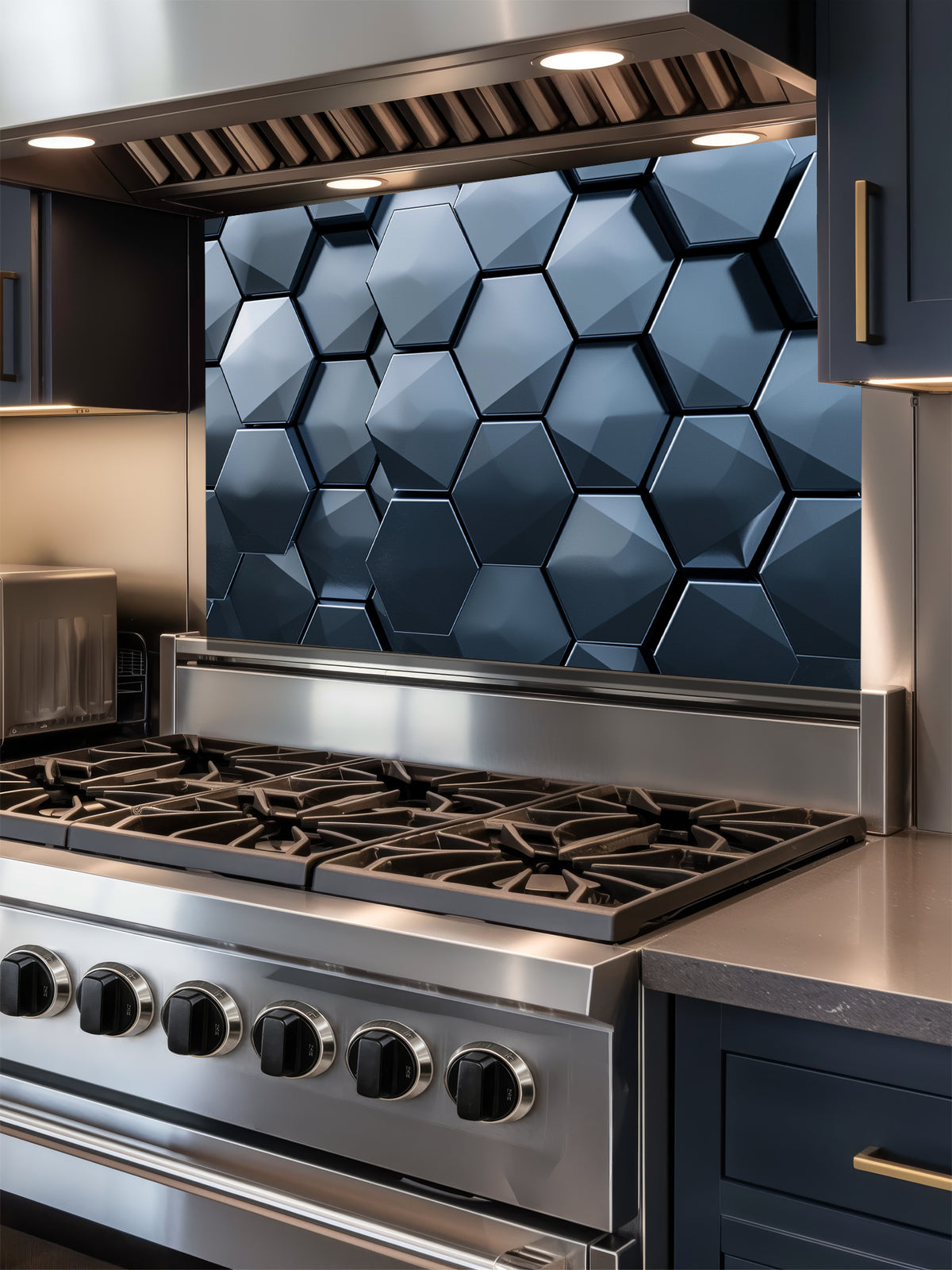 Tempered glass kitchen backsplash featuring a highly realistic 3D illusion of dark slate blue and charcoal metallic hexagon tiles in a sleek honeycomb pattern with dramatic shadow effects, installed behind a modern stainless steel stove.