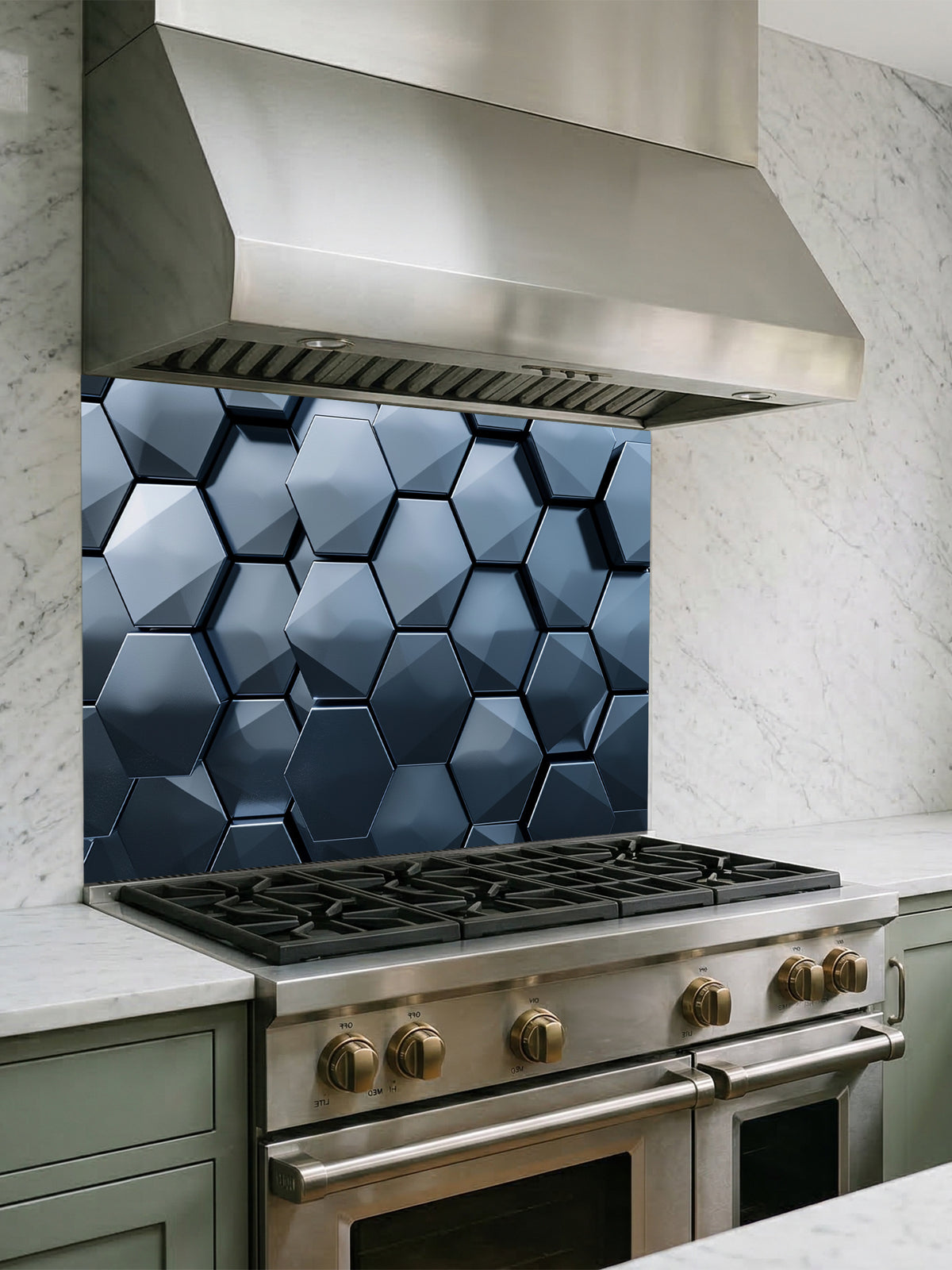 Tempered glass kitchen backsplash featuring a highly realistic 3D illusion of dark slate blue and charcoal metallic hexagon tiles in a sleek honeycomb pattern with dramatic shadow effects, installed behind a modern stainless steel stove.
