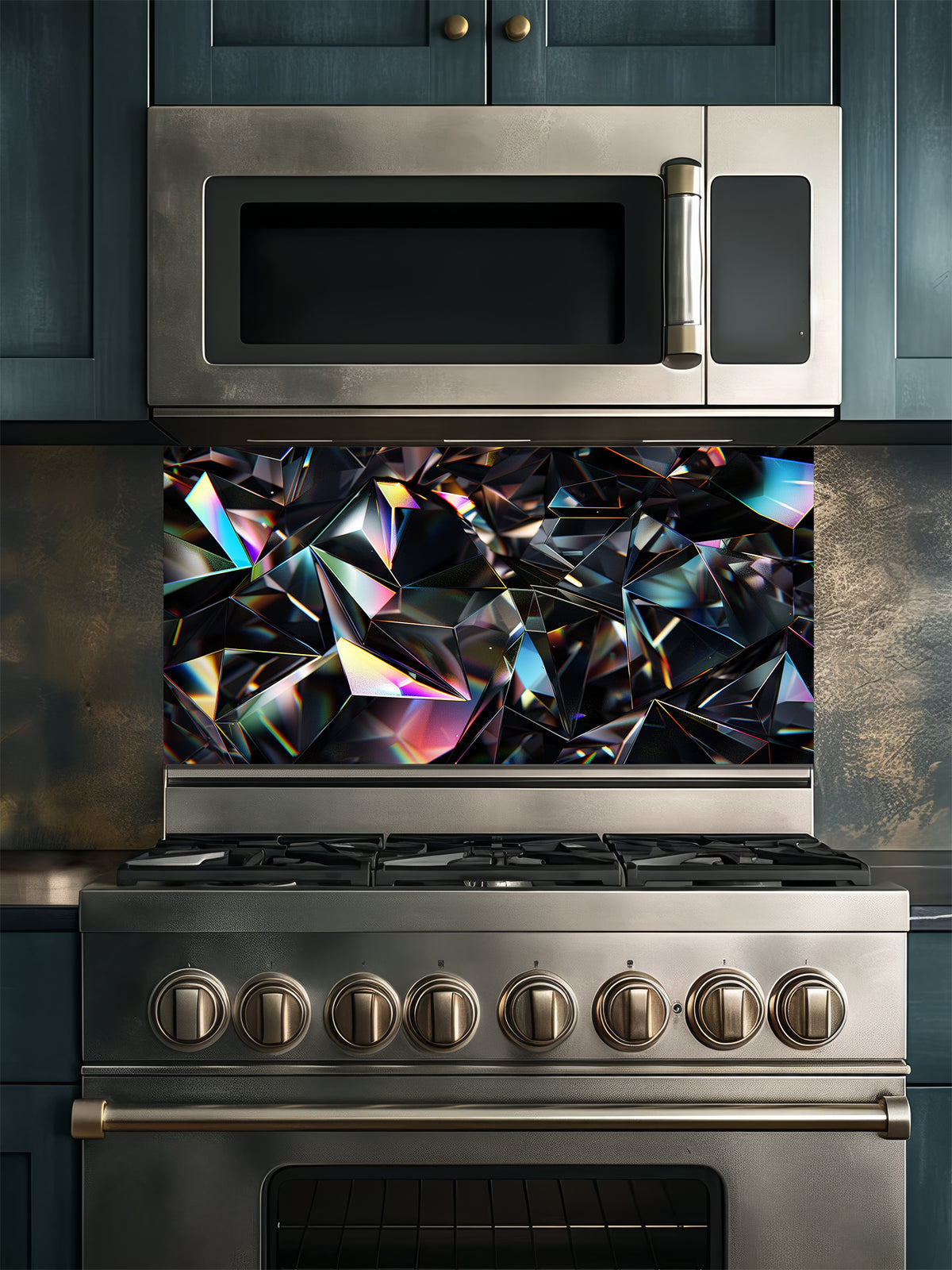 Faux 3D effect dark geometric crystal facets with iridescent rainbow edges, UV printed on a smooth tempered glass kitchen backsplash, installed behind a modern stove.
