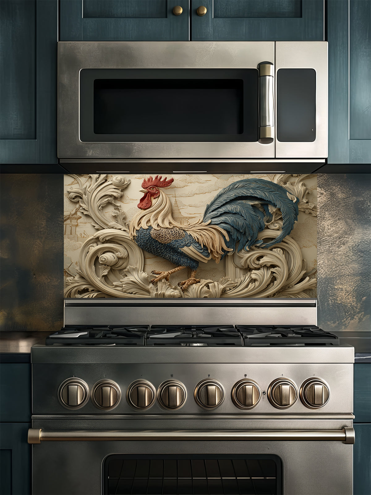 Tempered glass kitchen backsplash featuring a highly realistic 3D illusion of an intricately carved bas-relief sculpture showing a proud rooster with slate blue and gold feathers surrounded by ornate, flowing creamy beige baroque acanthus swirls, installed behind a modern black stove.