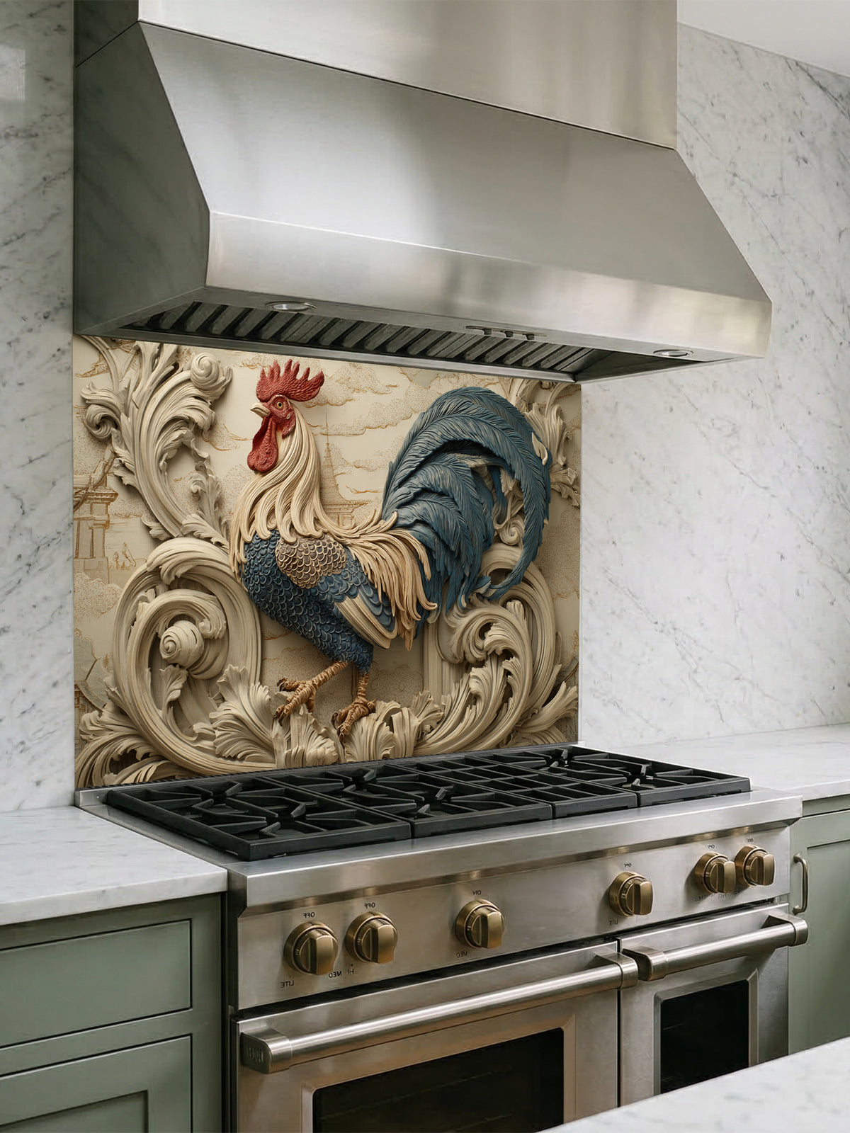 Tempered glass kitchen backsplash featuring a highly realistic 3D illusion of an intricately carved bas-relief sculpture showing a proud rooster with slate blue and gold feathers surrounded by ornate, flowing creamy beige baroque acanthus swirls, installed behind a modern black stove.