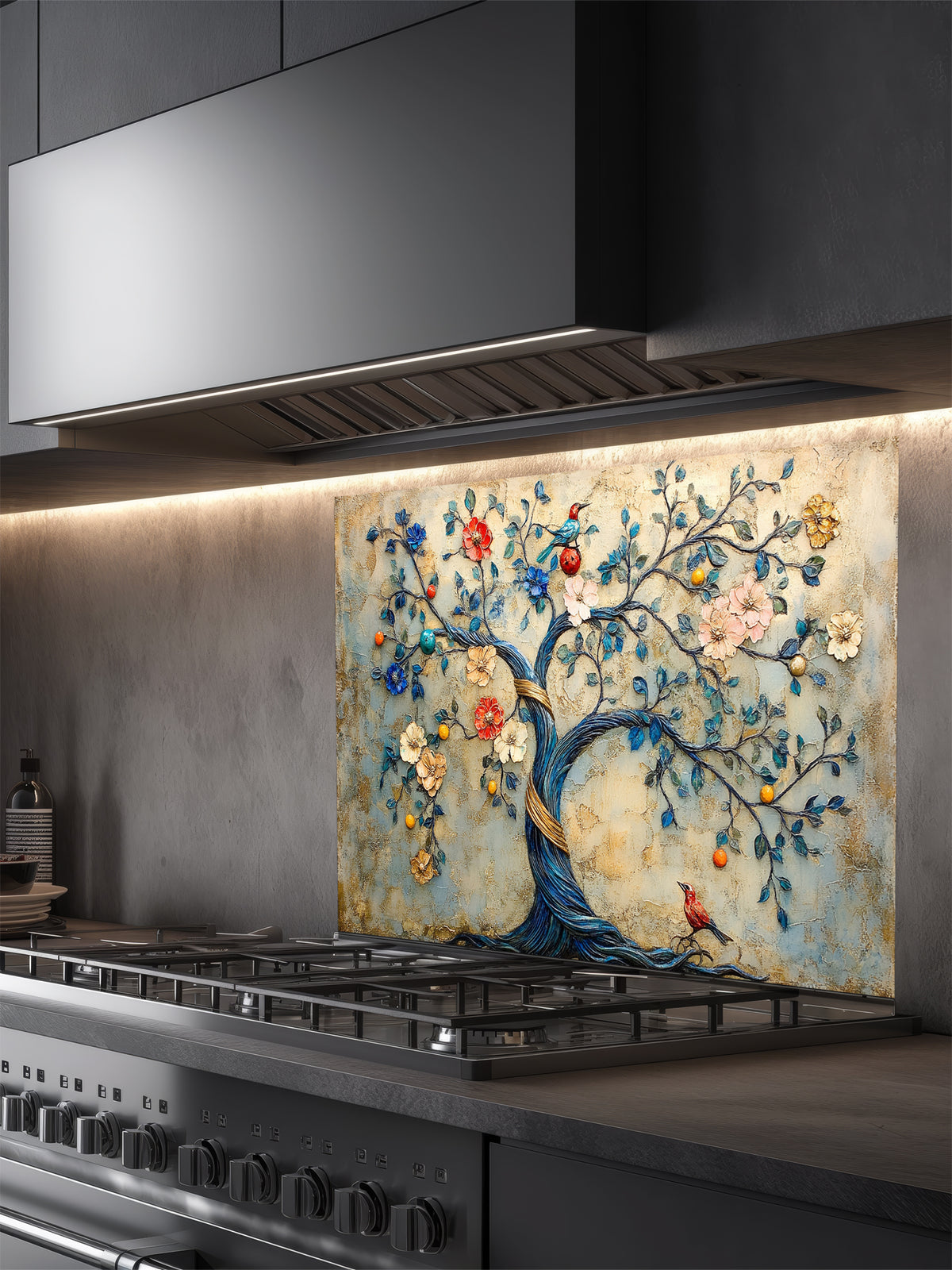 Tempered glass kitchen backsplash featuring a highly realistic 3D illusion of an embossed bas-relief sculpture showing an enchanted tree with a twisting blue trunk, colorful blooming flowers, and perched birds against a textured vintage golden-beige background, installed behind a modern black stove.