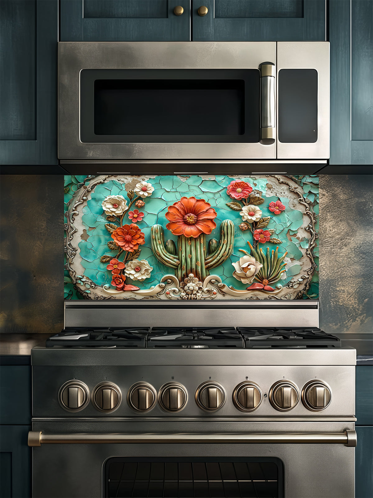 Faux 3D effect embossed blooming cactus with orange flowers on vintage cracked turquoise tiles, UV printed on a smooth tempered glass kitchen backsplash, installed behind a modern stove.