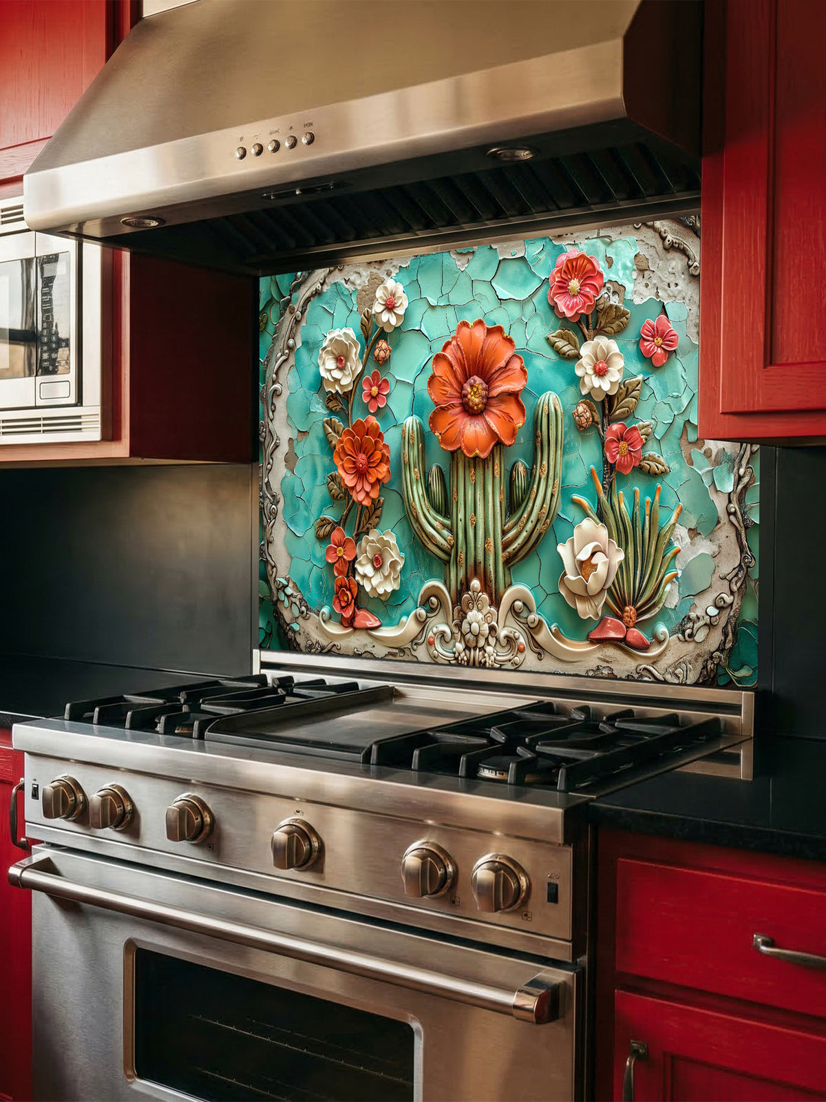 Faux 3D effect embossed blooming cactus with orange flowers on vintage cracked turquoise tiles, UV printed on a smooth tempered glass kitchen backsplash, installed behind a modern stove.