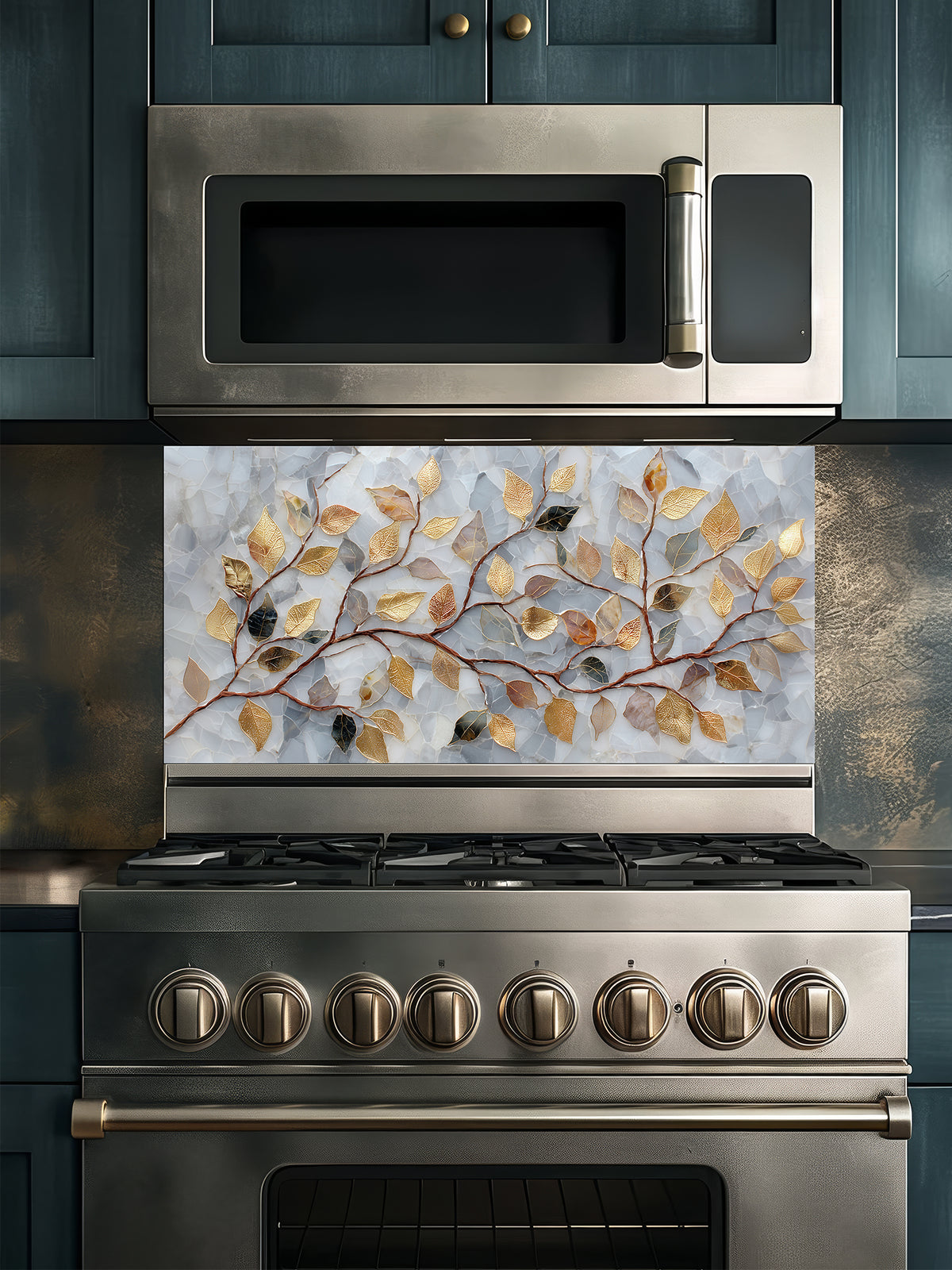 Tempered glass kitchen backsplash featuring a realistic 3D-effect design of elegant gold and bronze leaves on curving branches over a pearlescent white and soft grey cracked mosaic background, installed behind a modern stainless steel stove.
