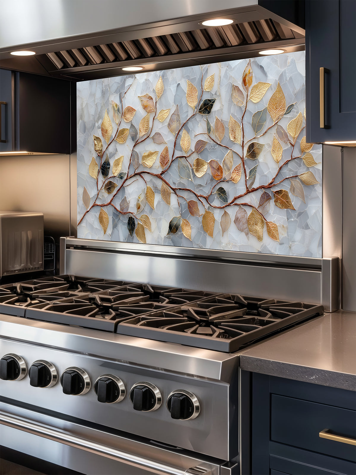 Tempered glass kitchen backsplash featuring a realistic 3D-effect design of elegant gold and bronze leaves on curving branches over a pearlescent white and soft grey cracked mosaic background, installed behind a modern stainless steel stove.