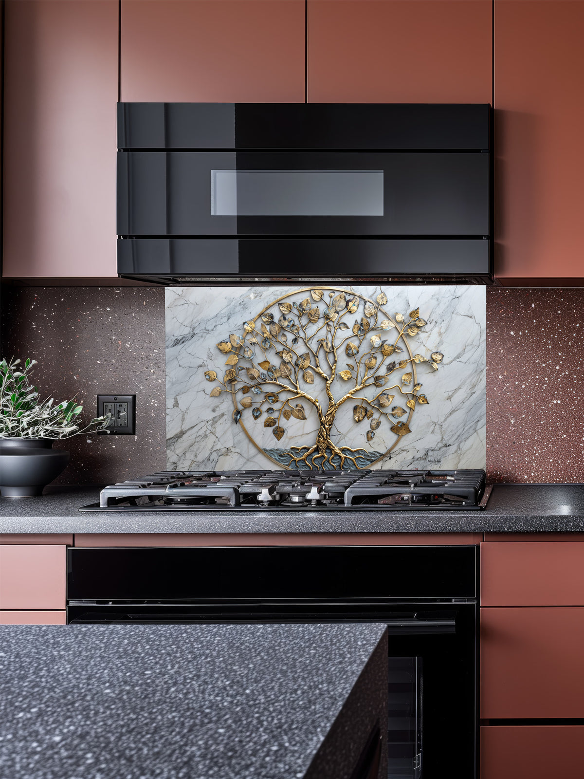 Faux 3D effect gold metal Tree of Life sculpture on an elegant white marble background, UV printed on a smooth tempered glass kitchen backsplash, installed behind a modern stove.