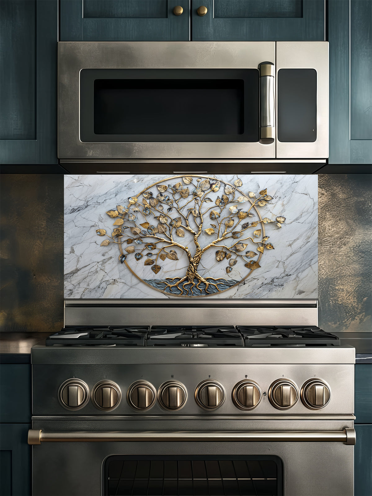 Faux 3D effect gold metal Tree of Life sculpture on an elegant white marble background, UV printed on a smooth tempered glass kitchen backsplash, installed behind a modern stove.